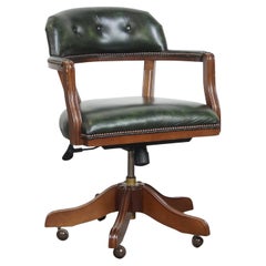 Chaise de bureau Chesterfield en cuir de vache vert de style anglais sur roues