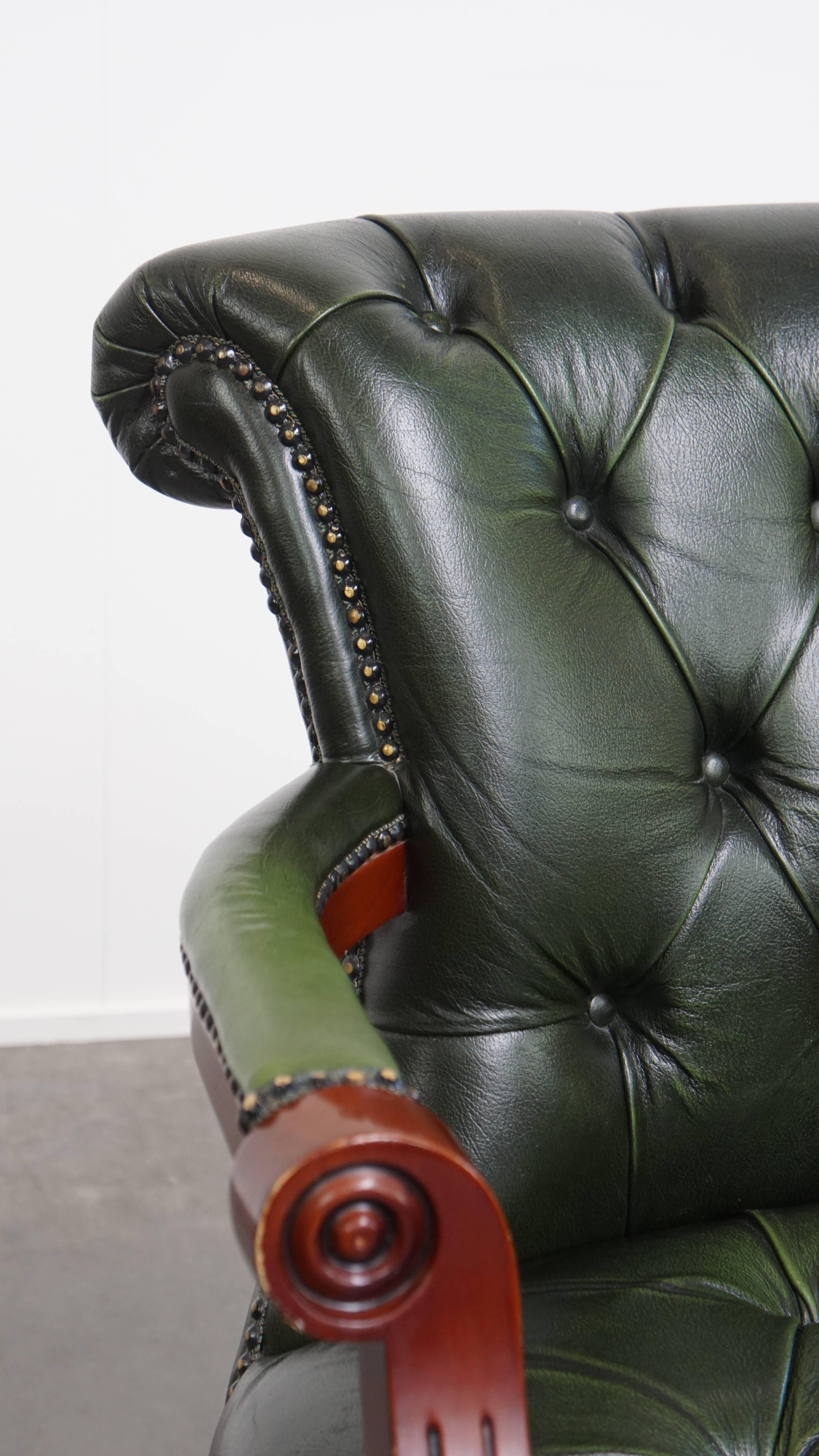 Green Cowhide Leather Chesterfield Office Chair on Wheels For Sale 5