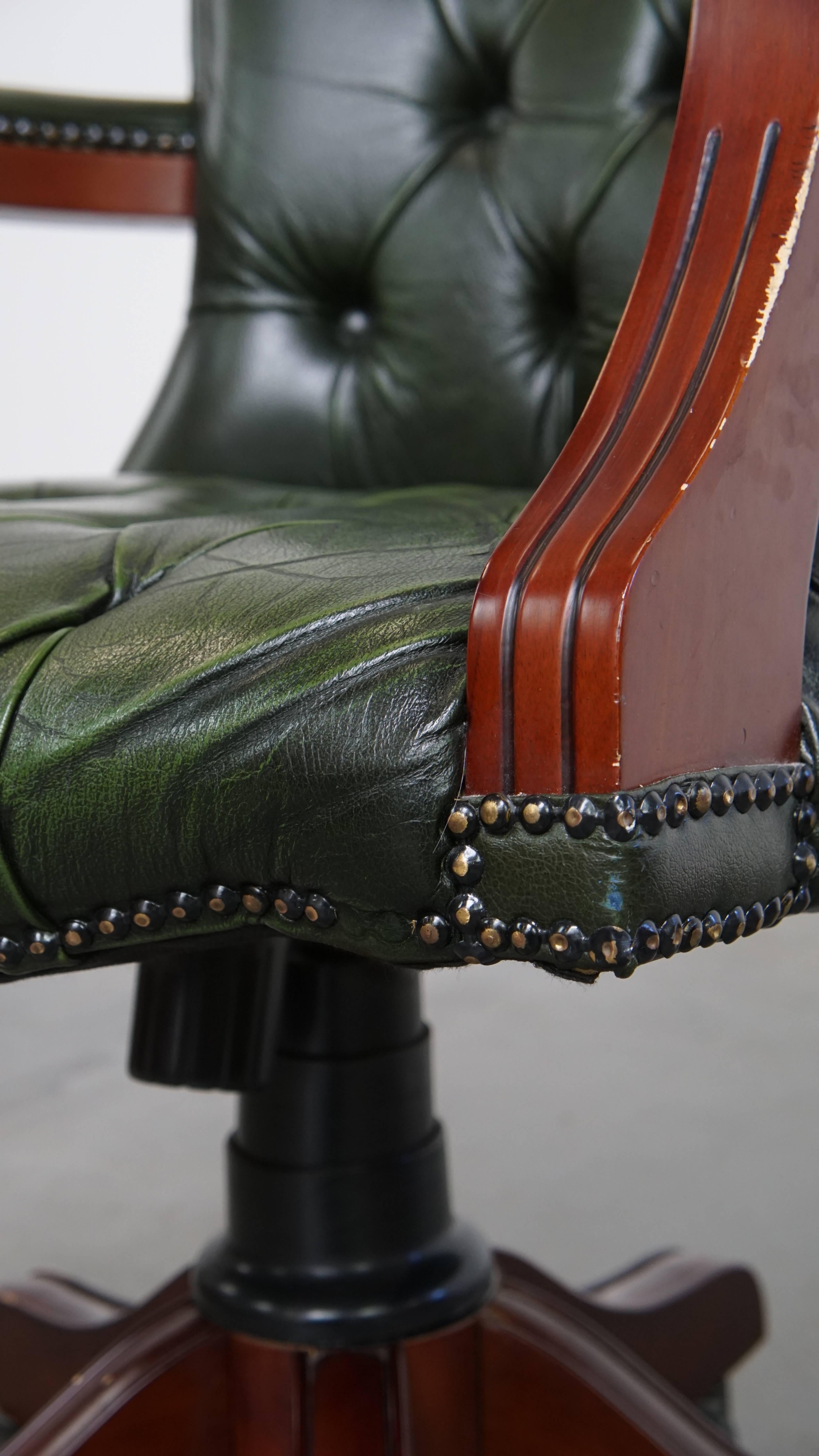 Green Cowhide Leather Chesterfield Office Chair on Wheels For Sale 8