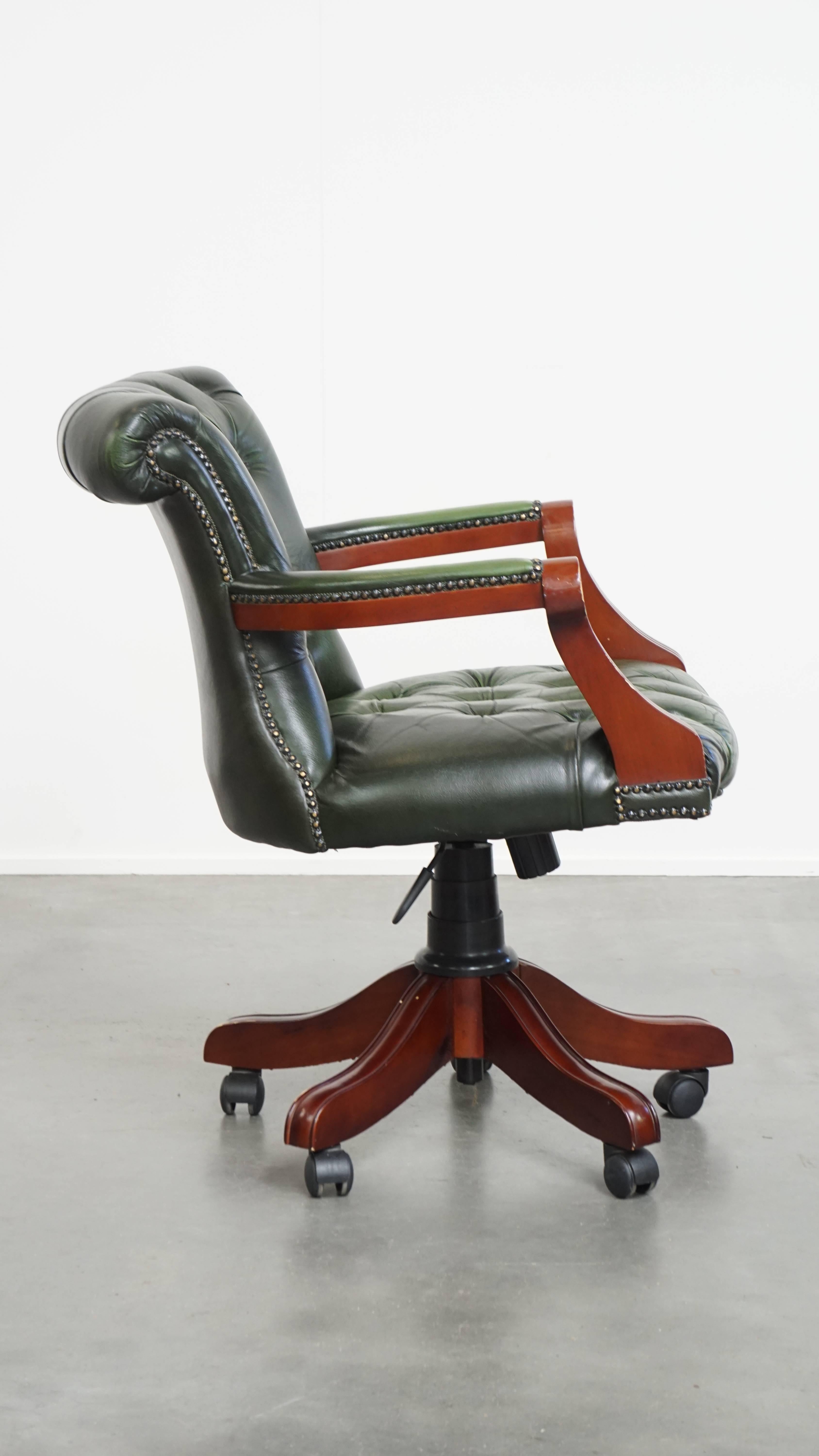 Hand-Crafted Green Cowhide Leather Chesterfield Office Chair on Wheels For Sale