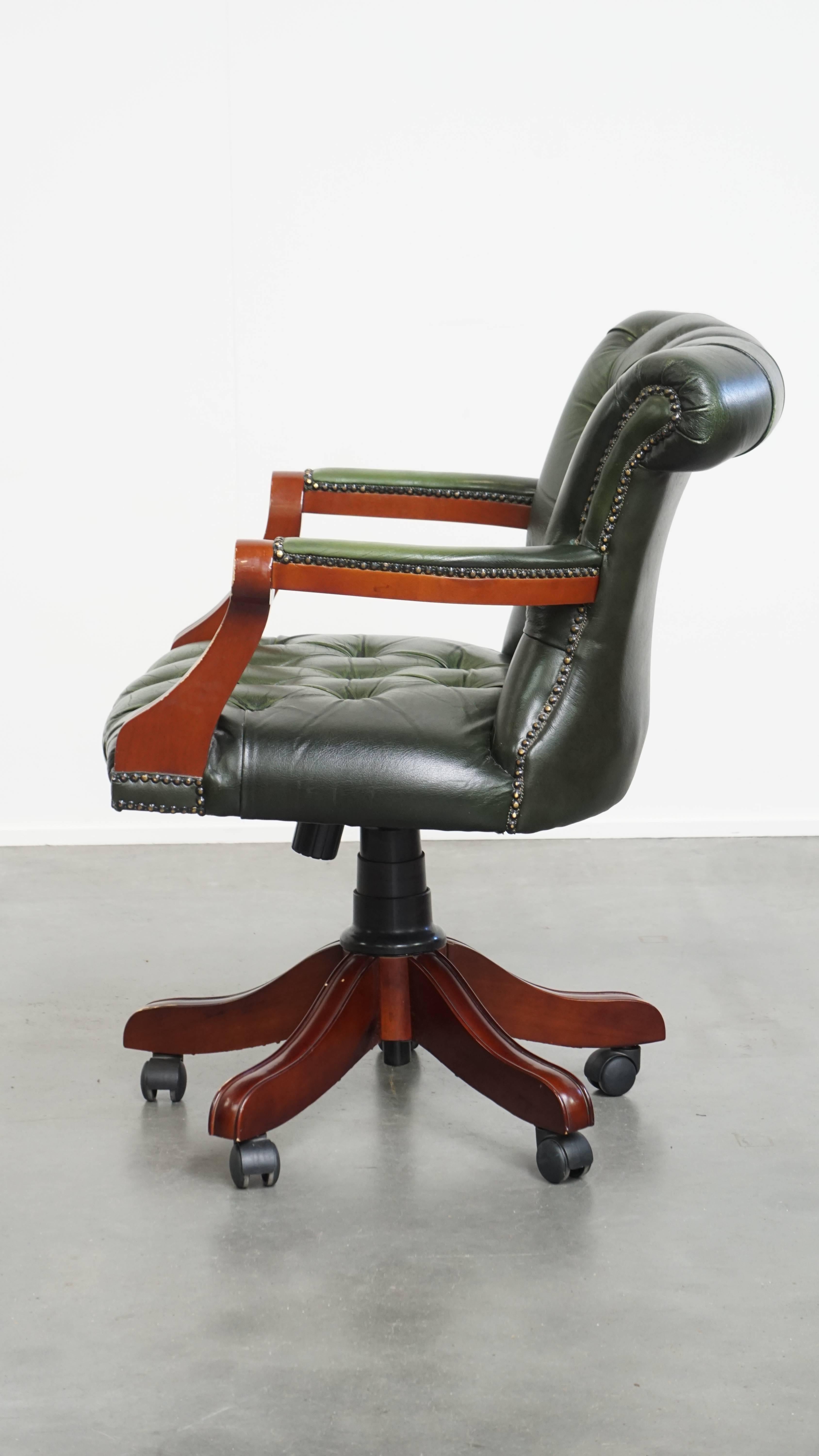 20th Century Green Cowhide Leather Chesterfield Office Chair on Wheels For Sale