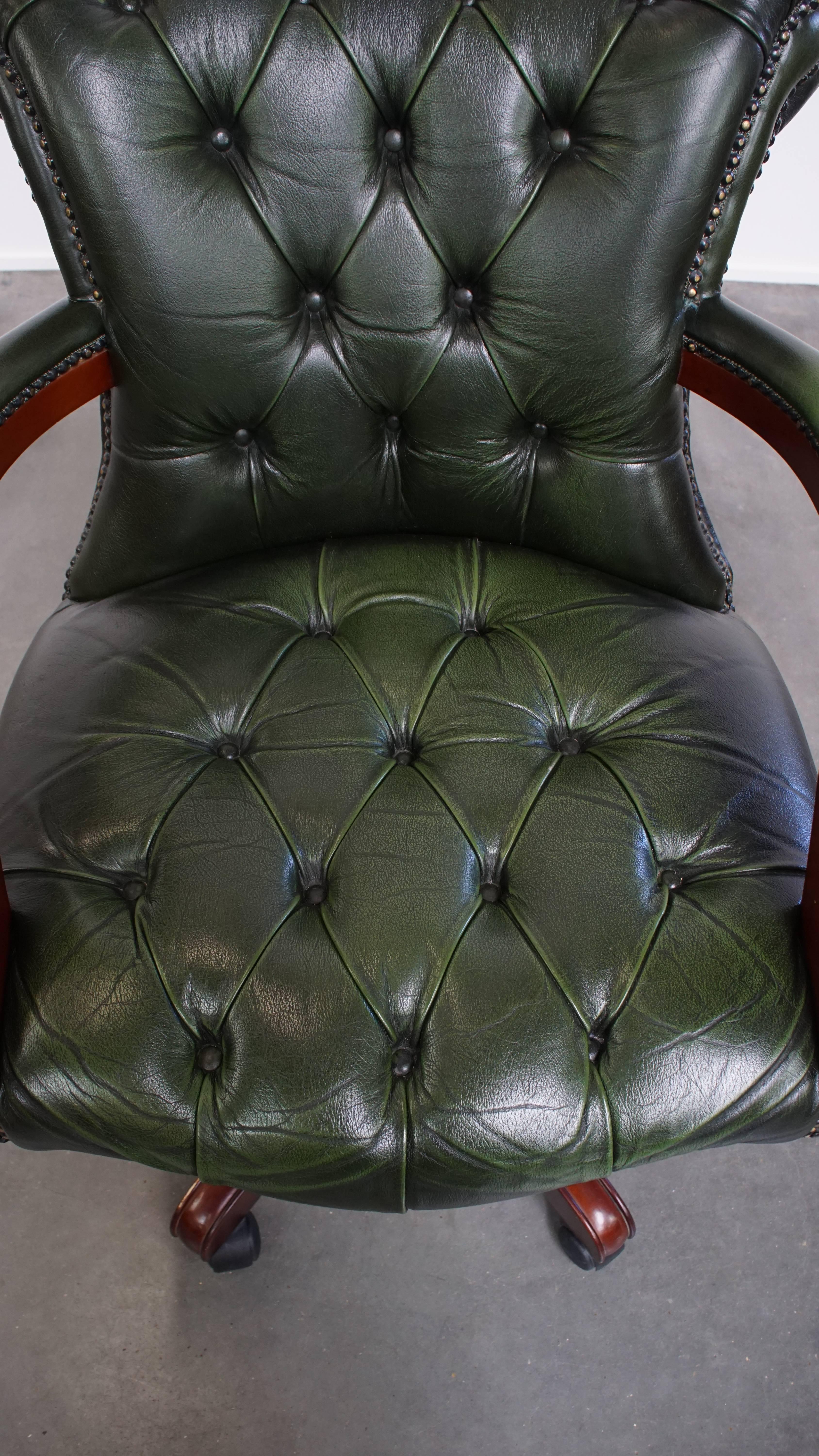 Green Cowhide Leather Chesterfield Office Chair on Wheels For Sale 1