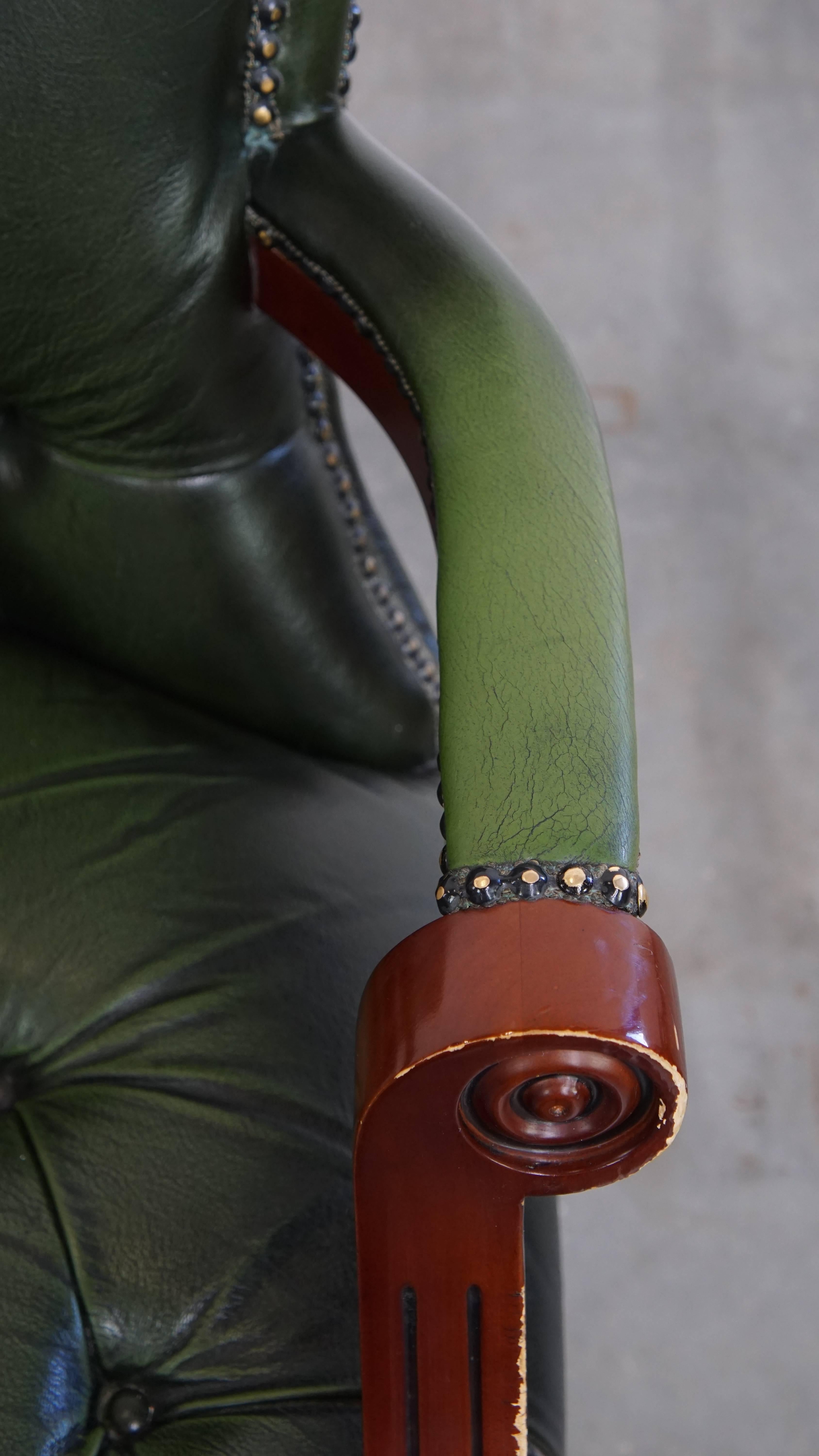 Green Cowhide Leather Chesterfield Office Chair on Wheels For Sale 3