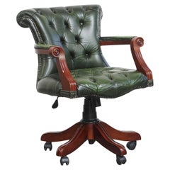 Green Cowhide Leather Chesterfield Office Chair on Wheels