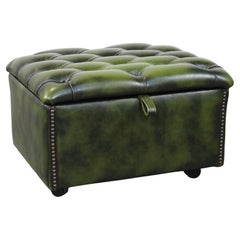 Green Cowhide Leather Chesterfield Ottoman/Storage Pouf with Wheels