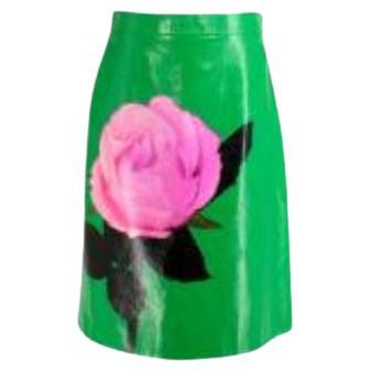 Green Crackled Calfskin Rose Print A-Line Skirt