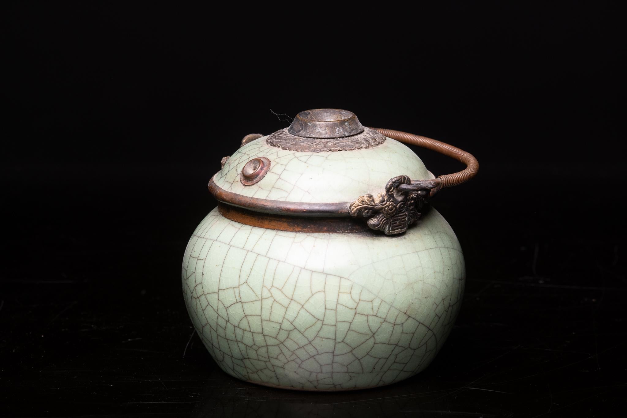 Hand-Crafted Green Crackled Porcelain Table Water Pipe with Metal Strapping from Vietnam For Sale