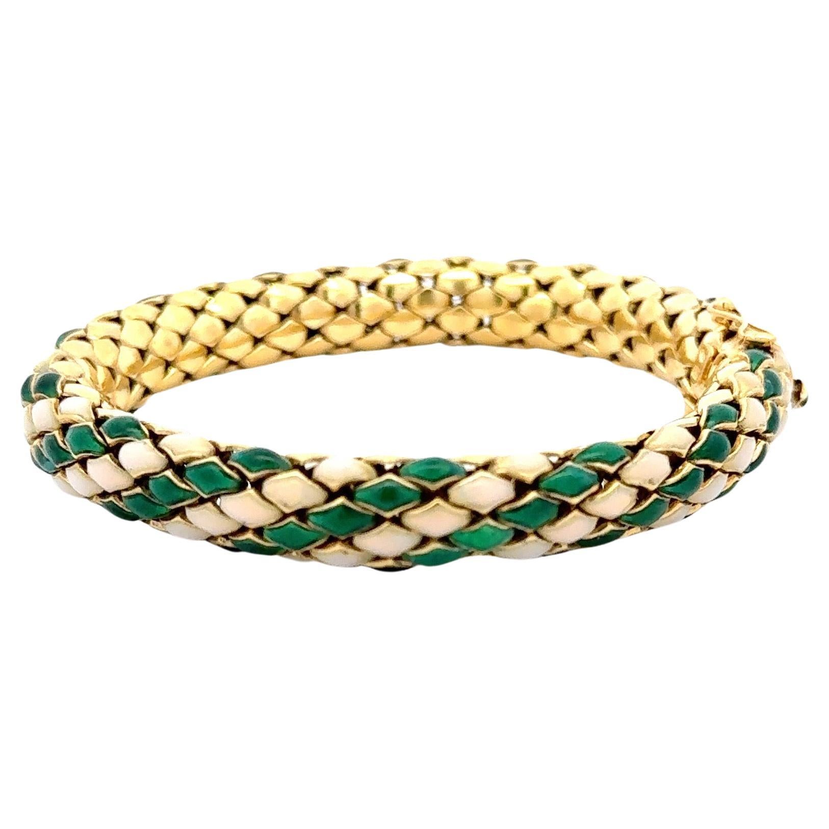 Green & Cream Color Enamel Snake Motif Bracelet 55.9 Grams 18 Karat Yellow Gold For Sale