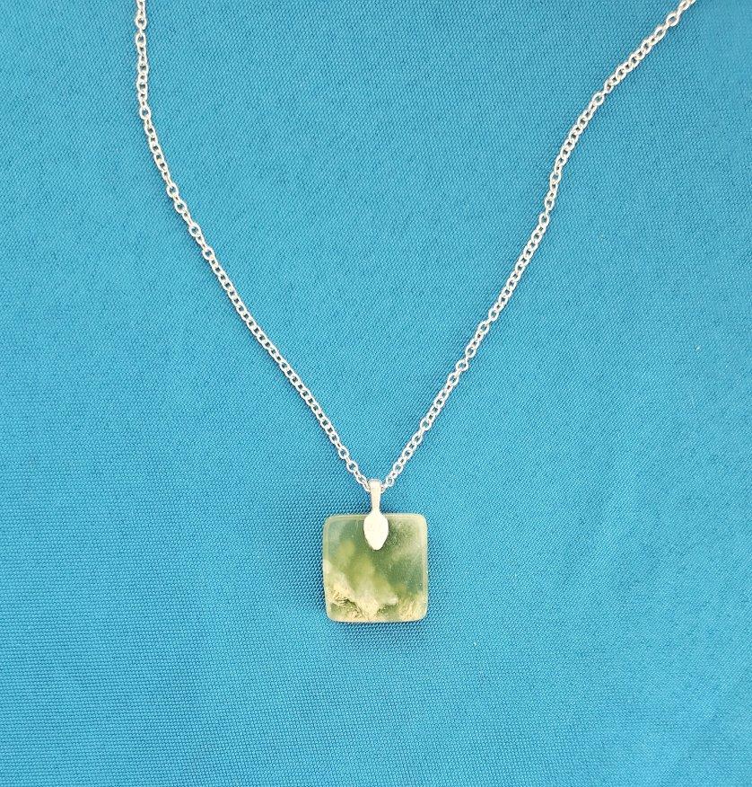 Green & Cream Semiprecious Stone Pendant Necklace, a Delicate Soft Square Shape For Sale 1