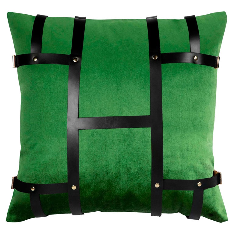 Green Velvet Throw Pillow Luxury Black Leather Harness Modern Sofa