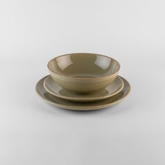 Green crenellated plates: Soup, holder, side plate for 4. Handmade in Italy 2024