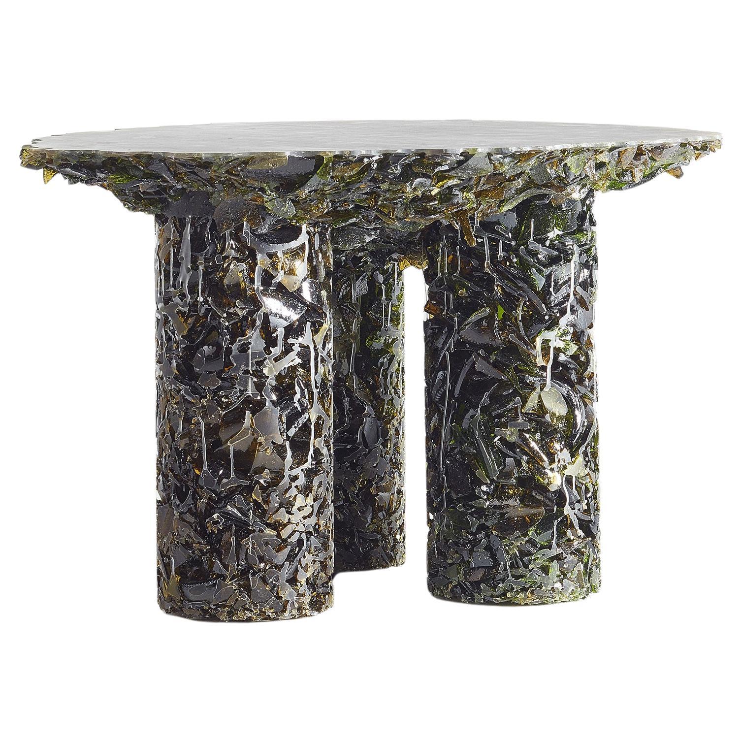 Contemporary Green Glass Side Table Handcrafted from Wine Bottles Glass in stock For Sale