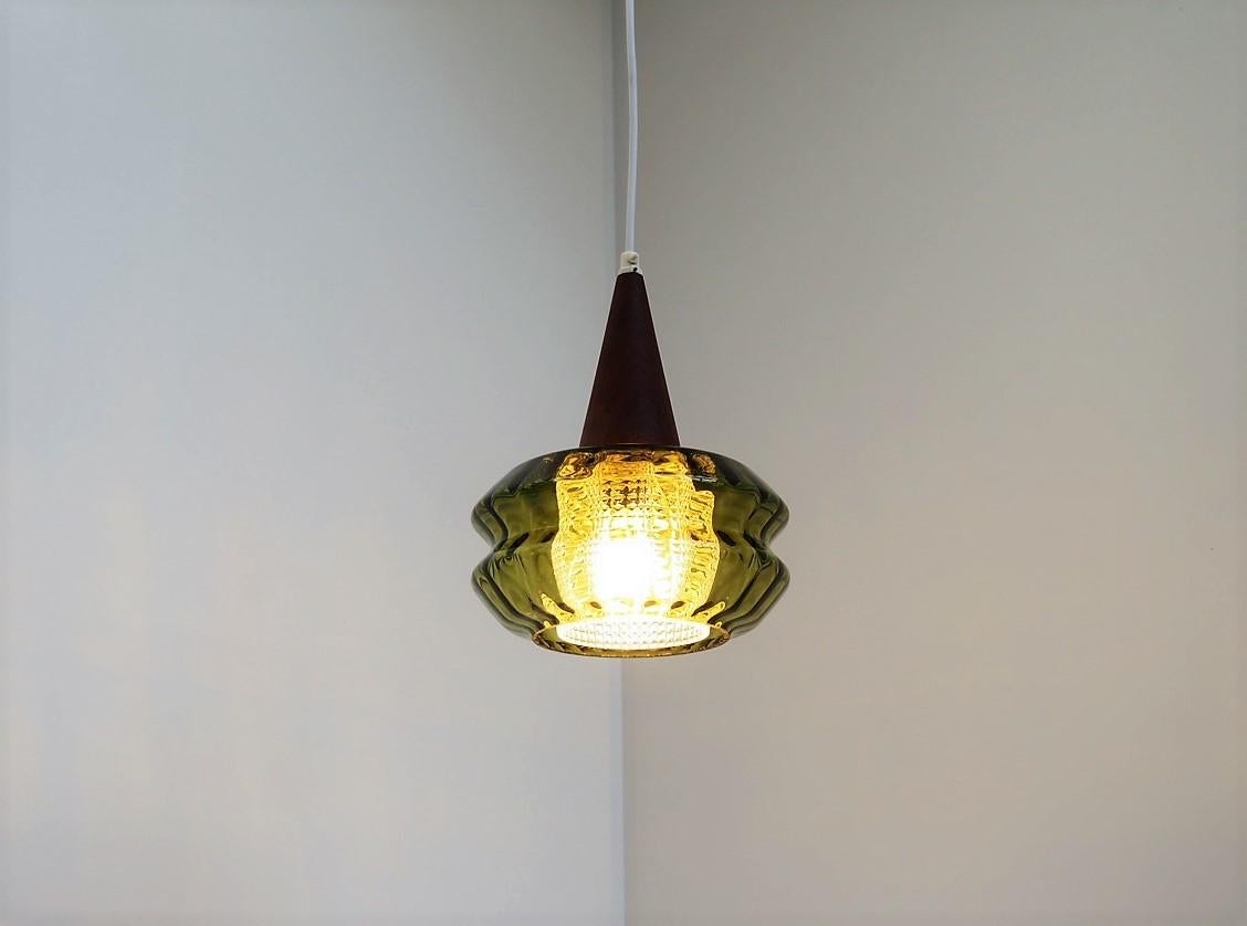 Mid-Century Modern Green Crystal and Teak Pendant Designed by Carl Fagerlund for Orrefors, 1960s For Sale