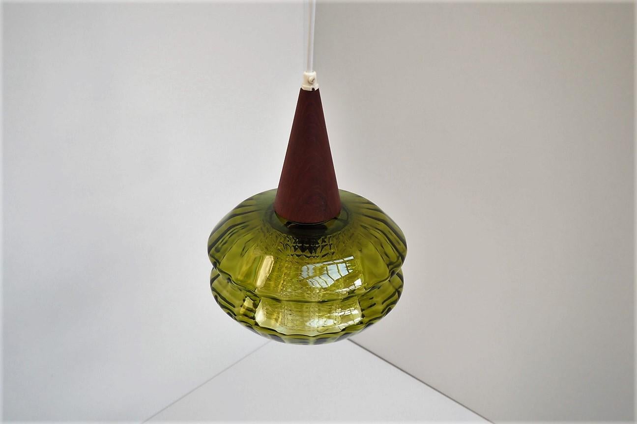 Swedish Green Crystal and Teak Pendant Designed by Carl Fagerlund for Orrefors, 1960s For Sale