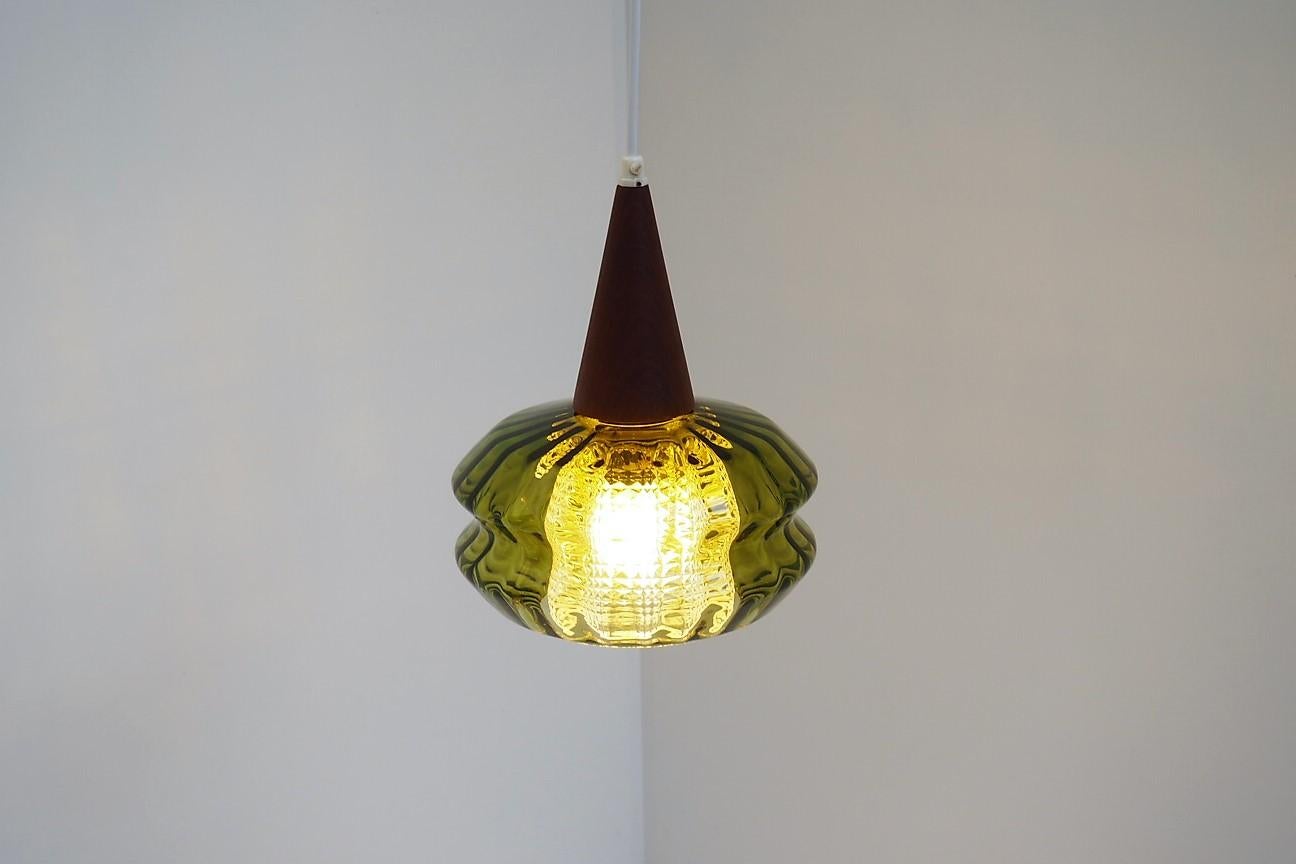 Oiled Green Crystal and Teak Pendant Designed by Carl Fagerlund for Orrefors, 1960s For Sale