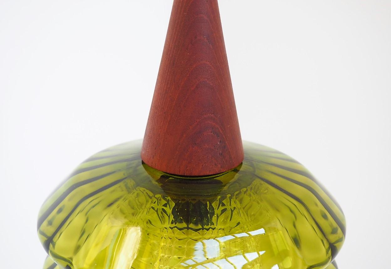 Green Crystal and Teak Pendant Designed by Carl Fagerlund for Orrefors, 1960s In Good Condition For Sale In Spoettrup, DK