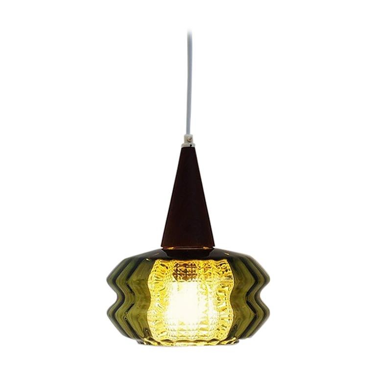 Green Crystal and Teak Pendant Designed by Carl Fagerlund for Orrefors, 1960s For Sale