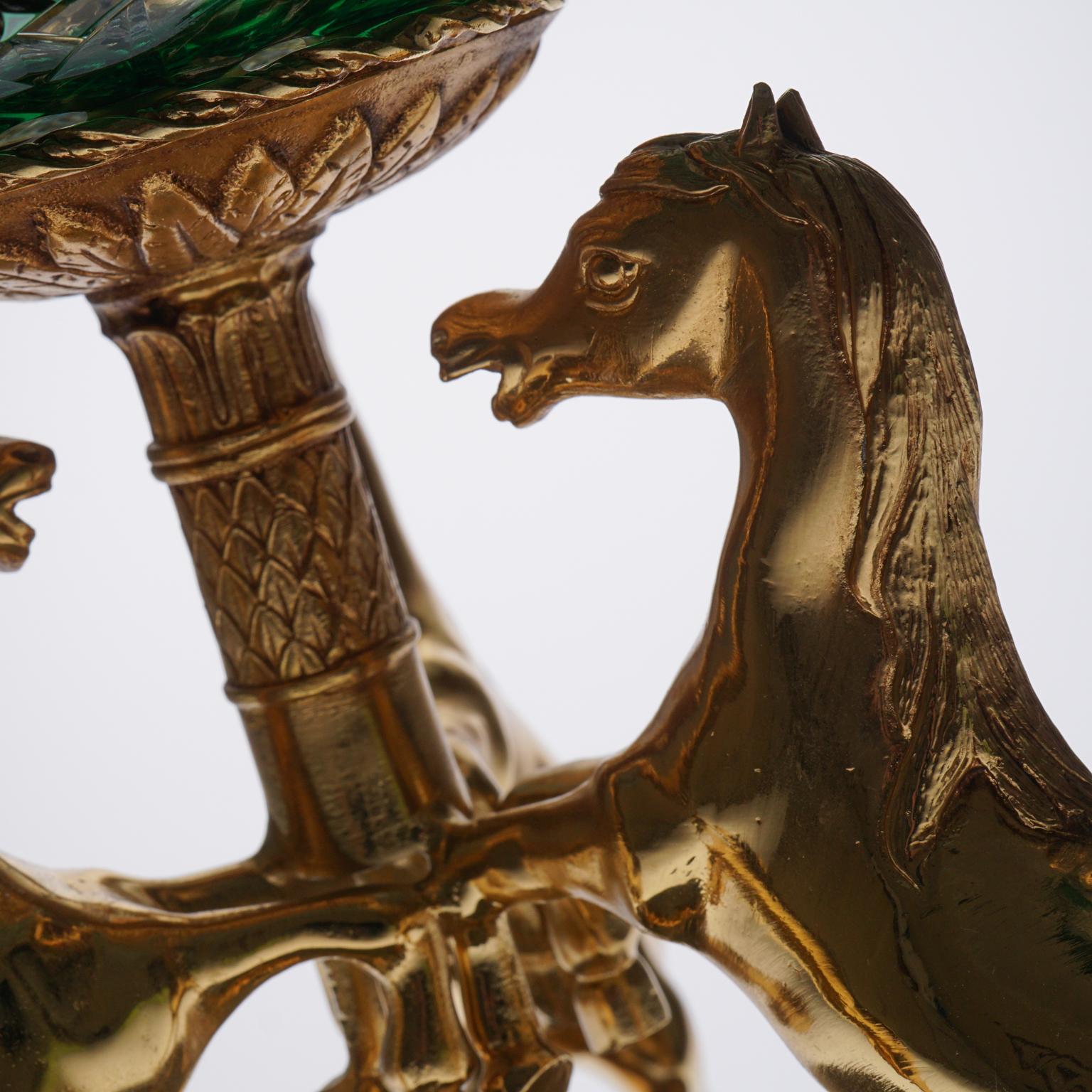 French Green Crystal Bowls or Vase with Bronze Covered 22-Carat Gold, Design Horses For Sale