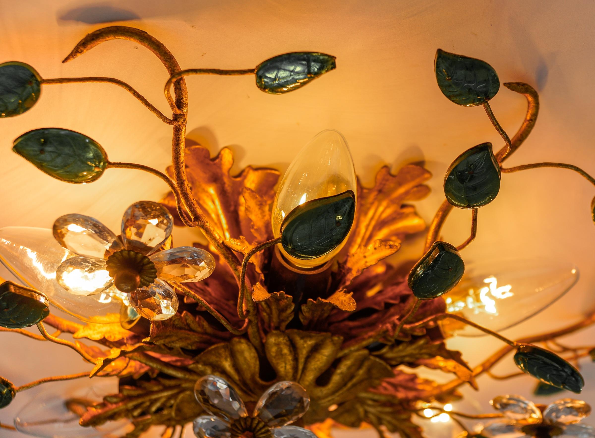 Green Crystal Glass and Metal Florentine Ceiling Lamp by Banci Firenze, 1960s 4