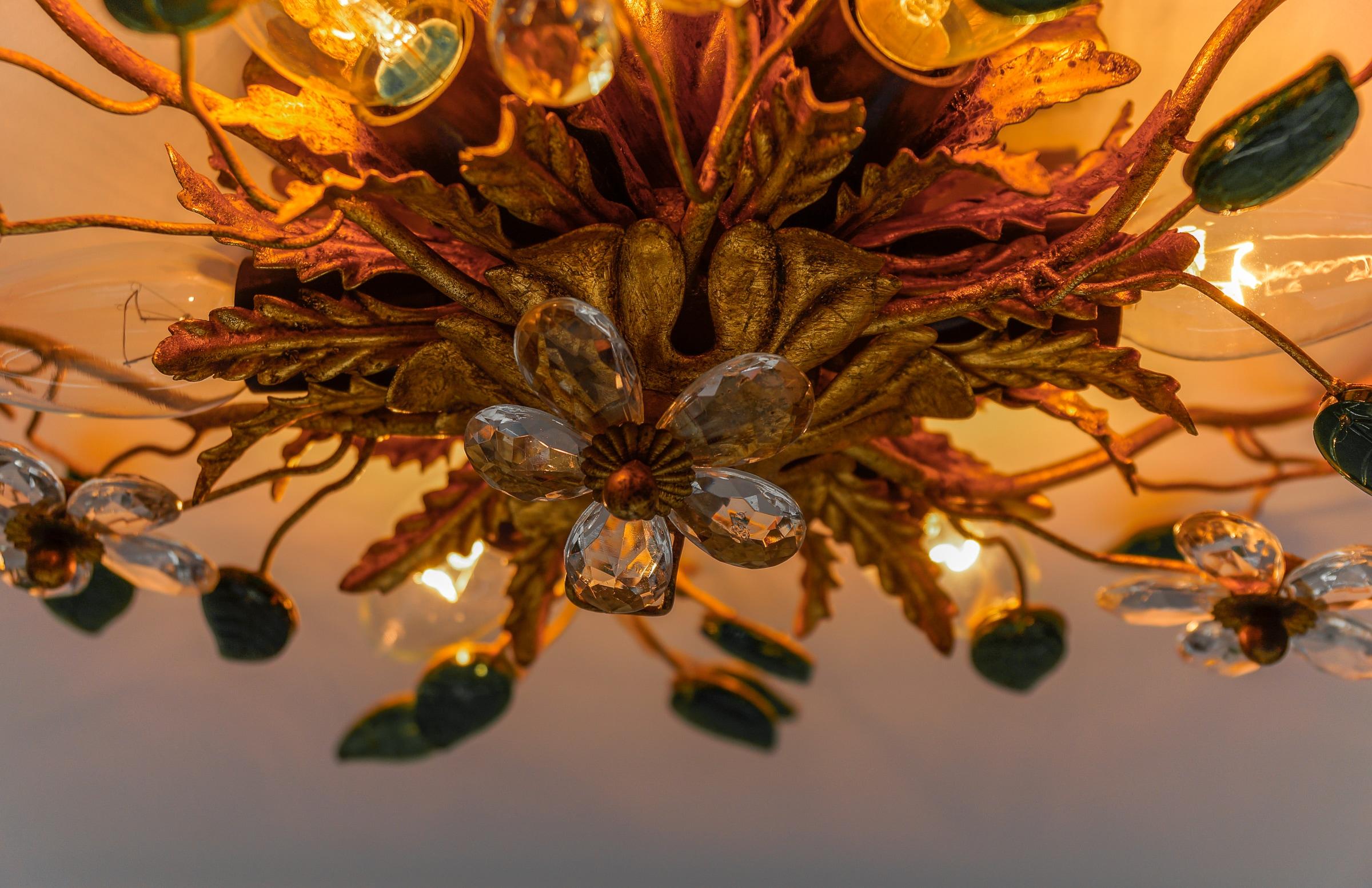 Green Crystal Glass and Metal Florentine Ceiling Lamp by Banci Firenze, 1960s 5