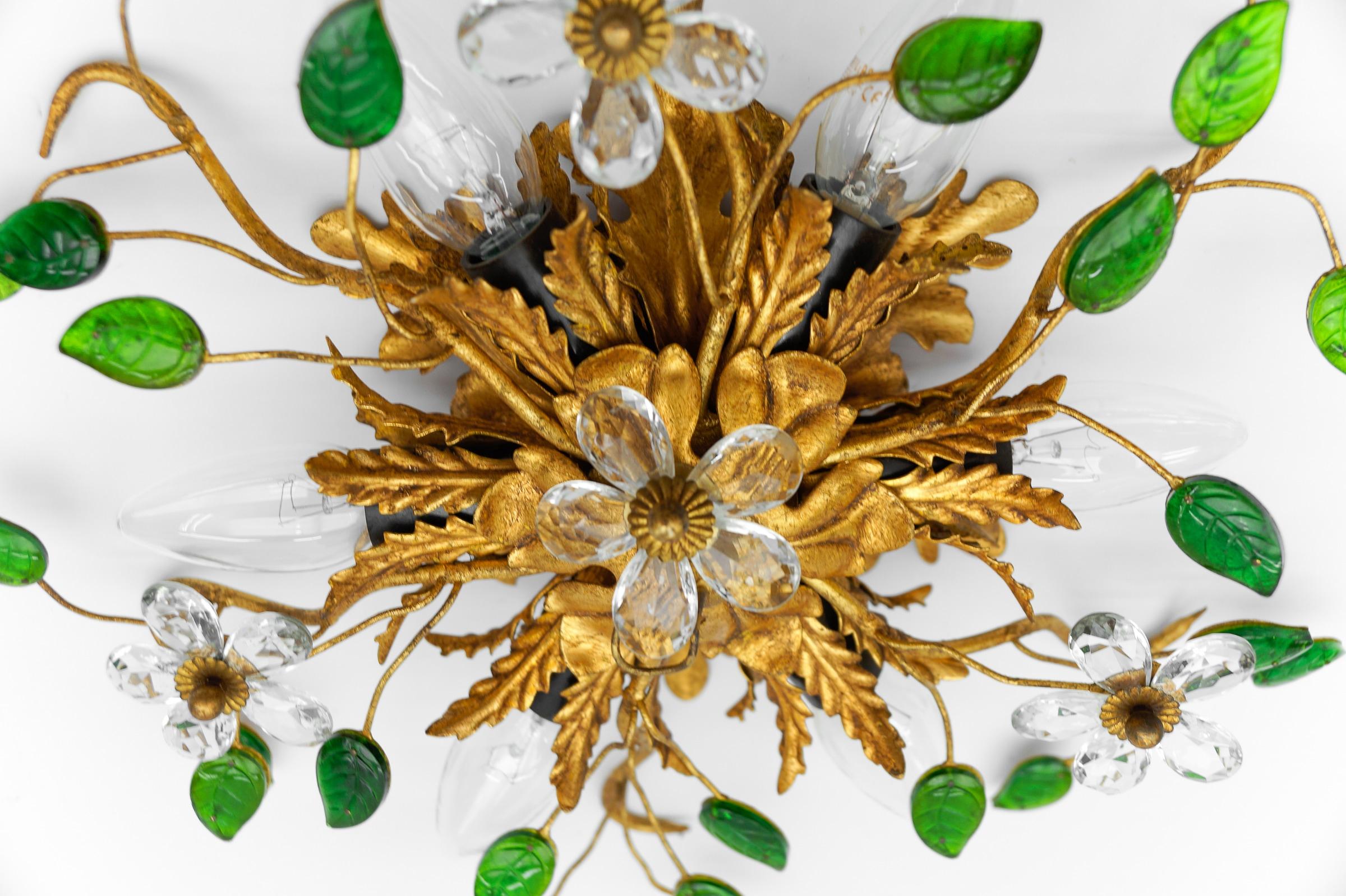 Green Crystal Glass and Metal Florentine Ceiling Lamp by Banci Firenze, 1960s 6