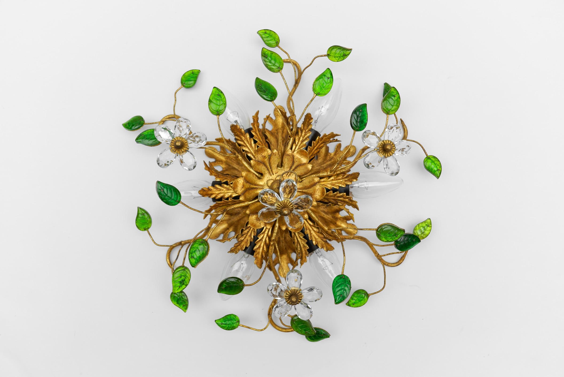 Green Crystal Glass and Metal Florentine Ceiling Lamp by Banci Firenze, 1960s 8