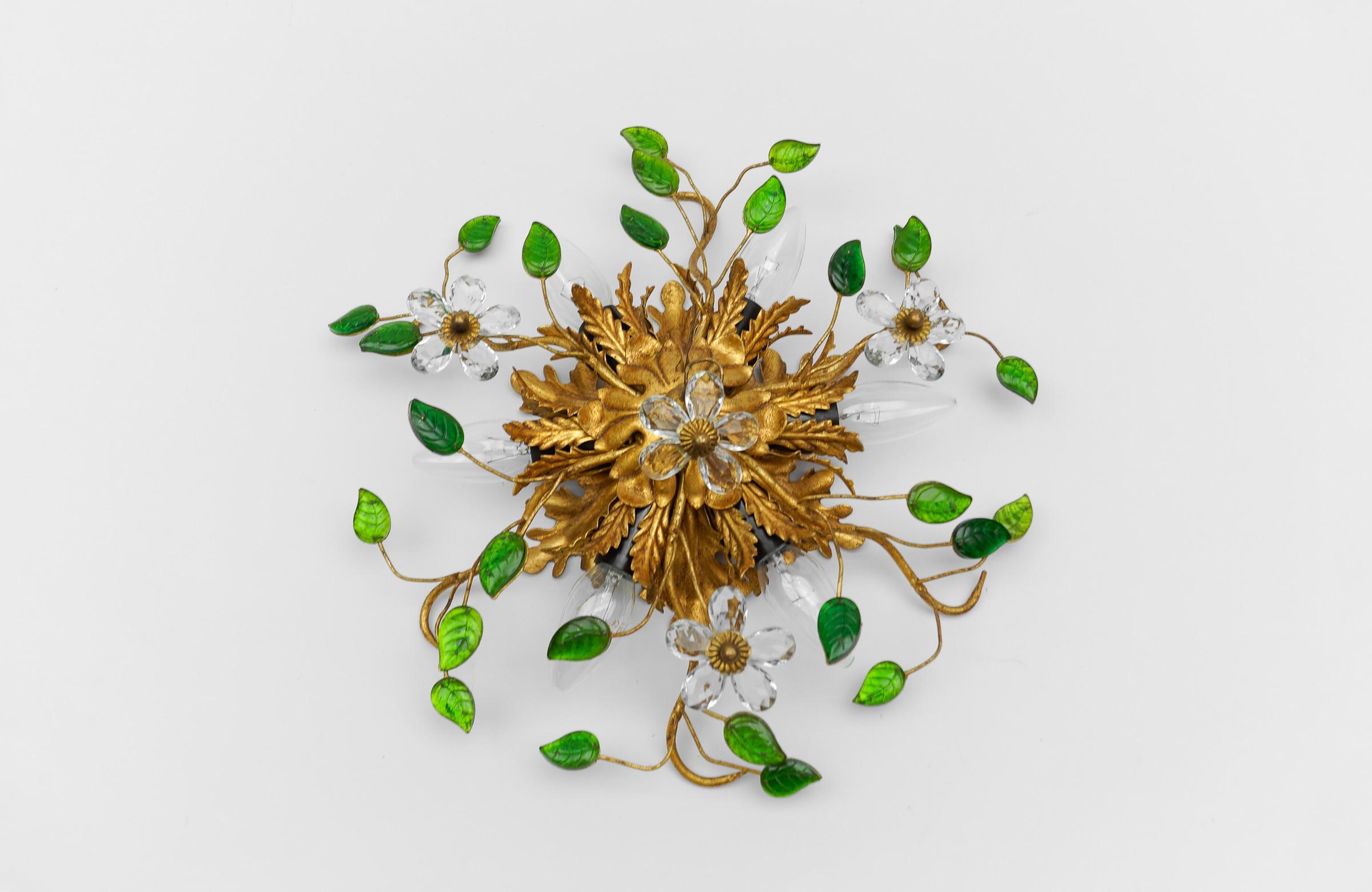 Mid-Century Modern Green Crystal Glass and Metal Florentine Ceiling Lamp by Banci Firenze, 1960s
