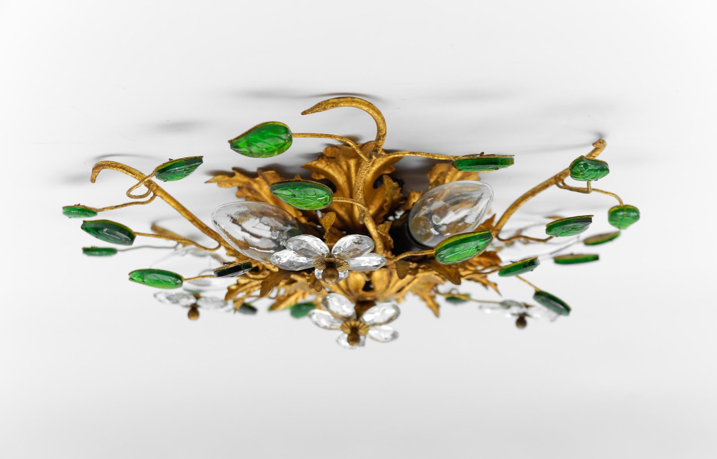 Italian Green Crystal Glass and Metal Florentine Ceiling Lamp by Banci Firenze, 1960s