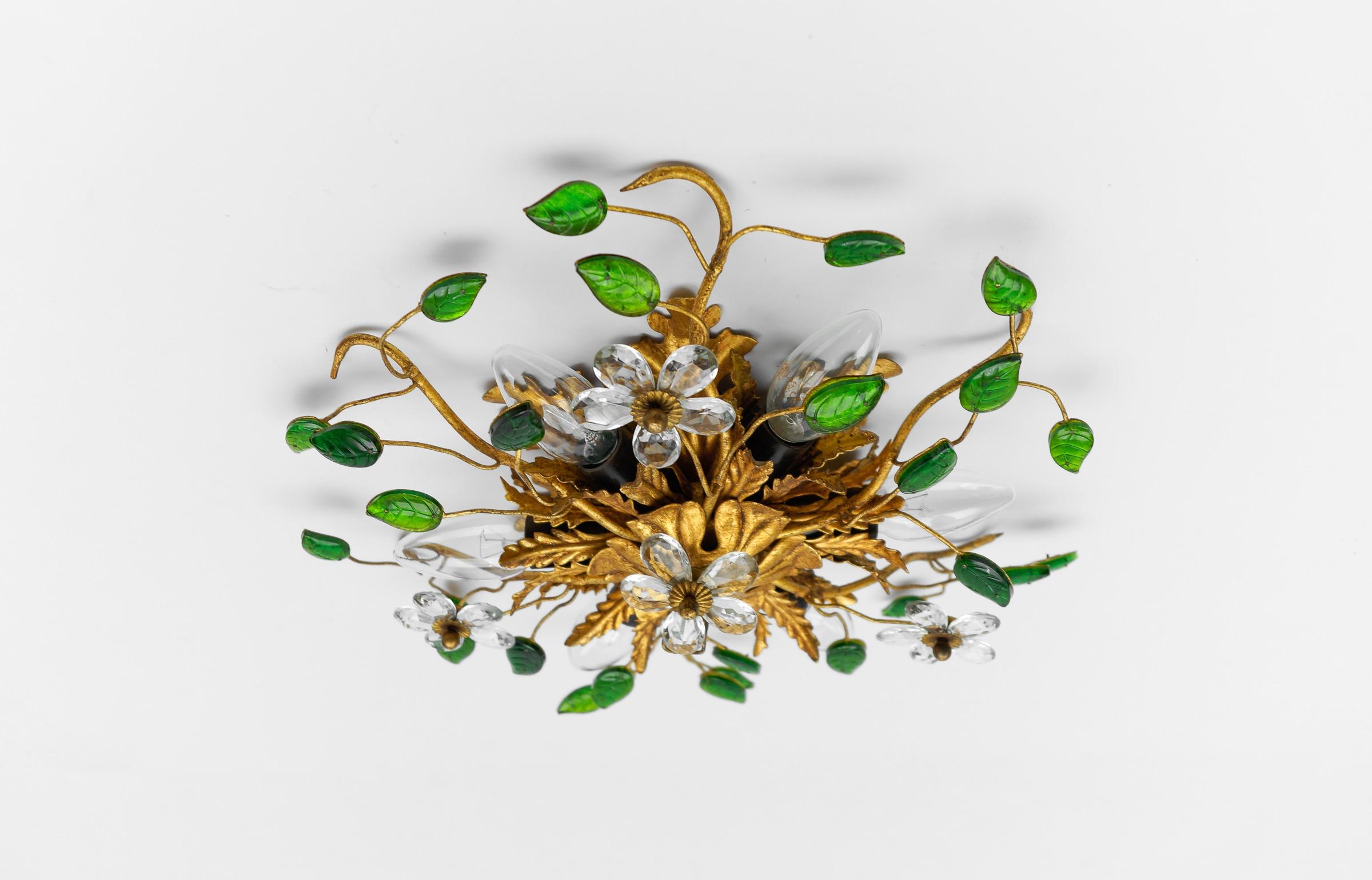 Green Crystal Glass and Metal Florentine Ceiling Lamp by Banci Firenze, 1960s In Good Condition In Nürnberg, Bayern