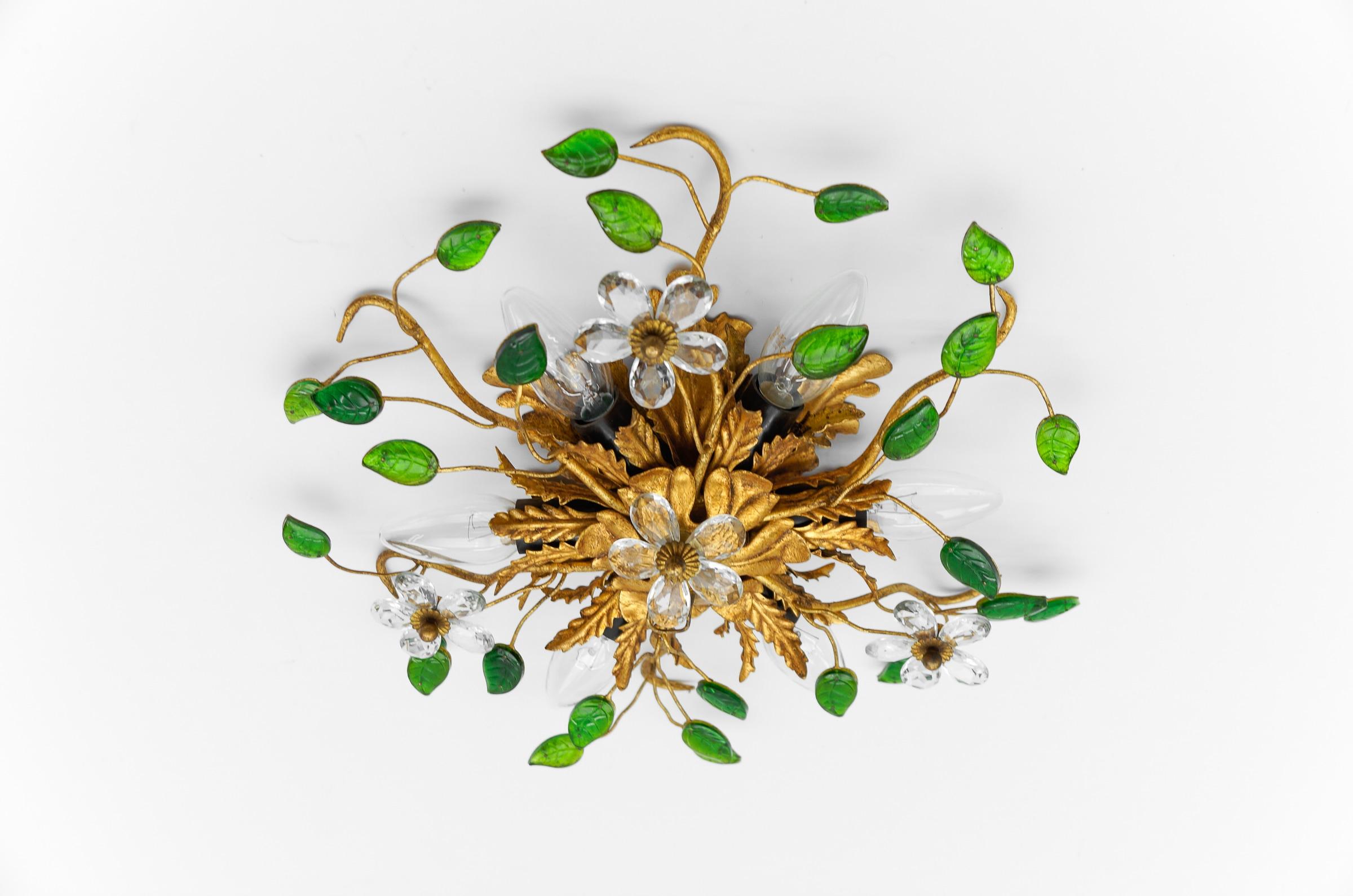 Mid-20th Century Green Crystal Glass and Metal Florentine Ceiling Lamp by Banci Firenze, 1960s