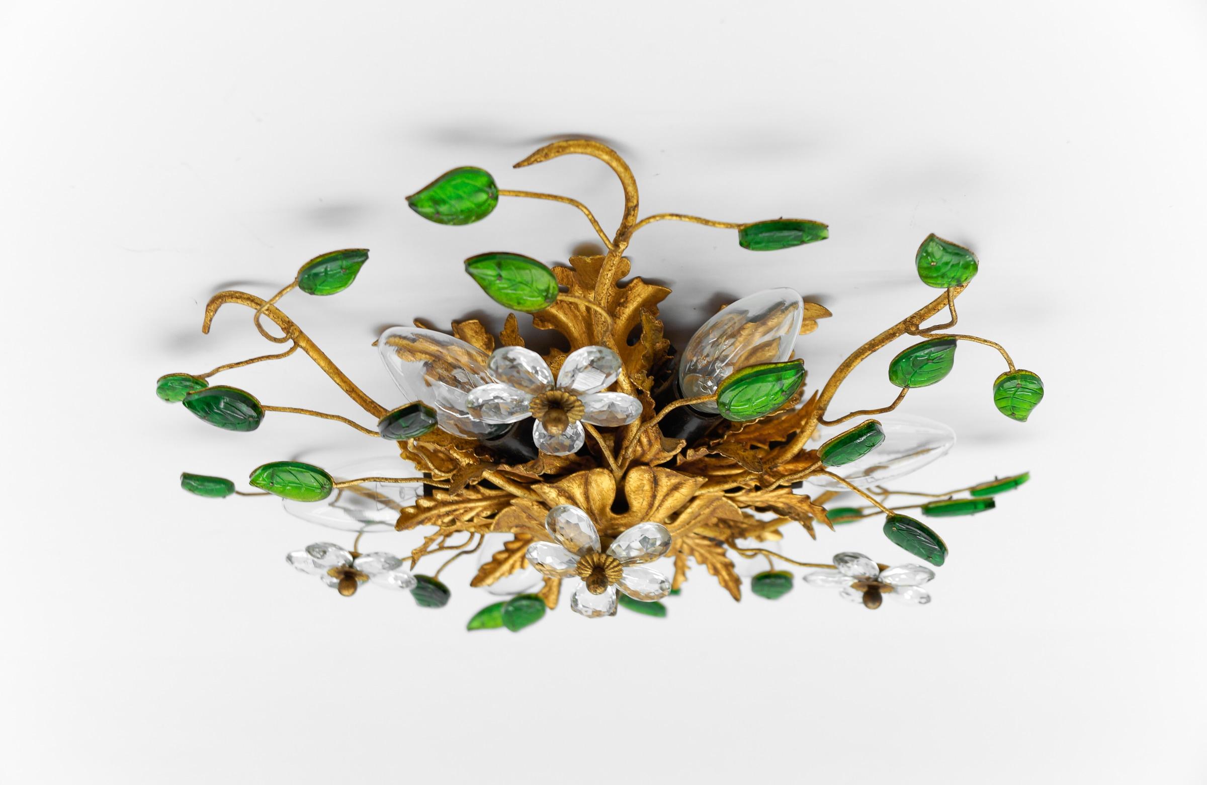 Green Crystal Glass and Metal Florentine Ceiling Lamp by Banci Firenze, 1960s 2