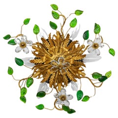 Green Crystal Glass and Metal Florentine Ceiling Lamp by Banci Firenze, 1960s