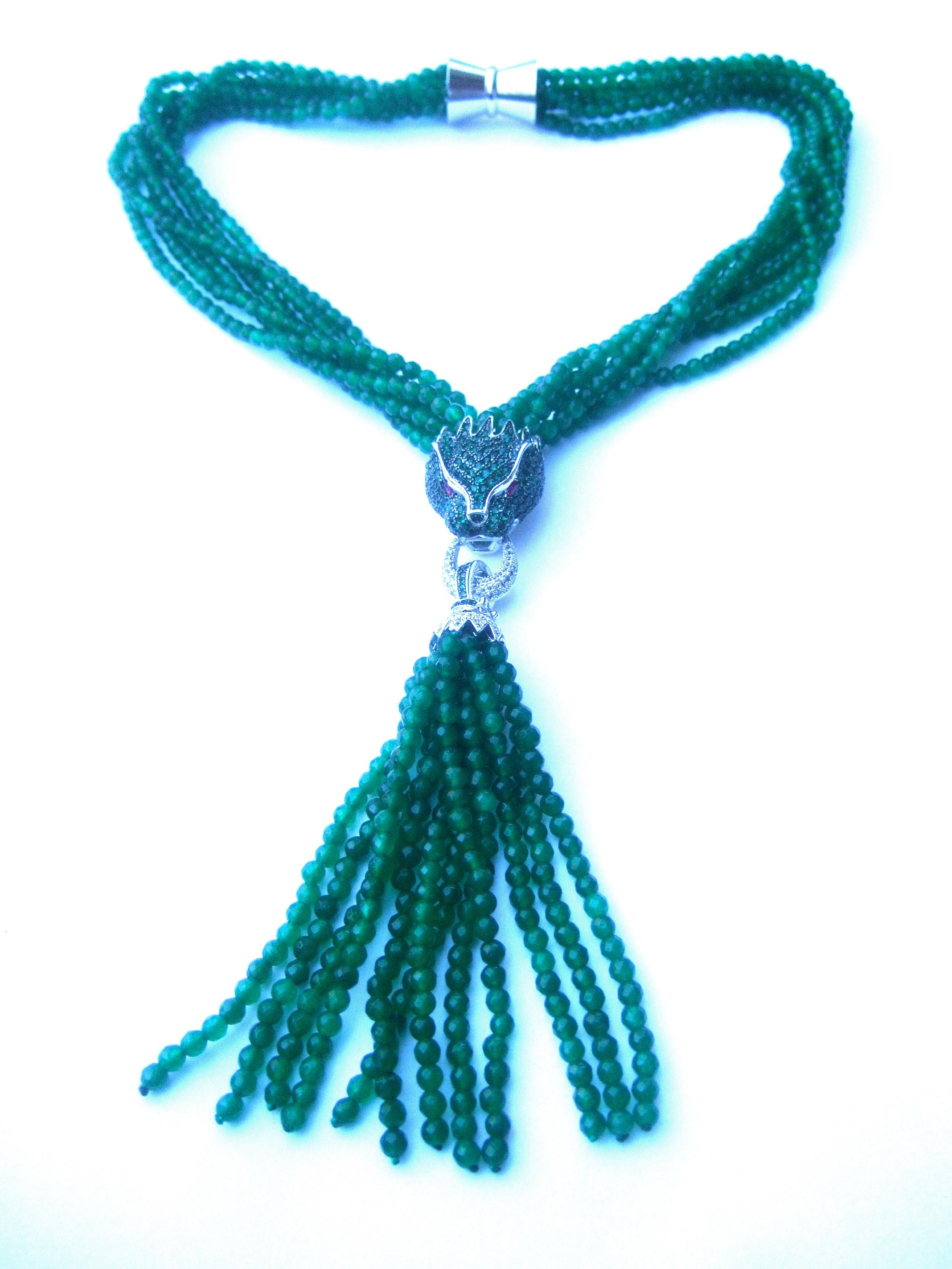 Green Crystal Panther Head Tassel Necklace c. 1990s For Sale 5