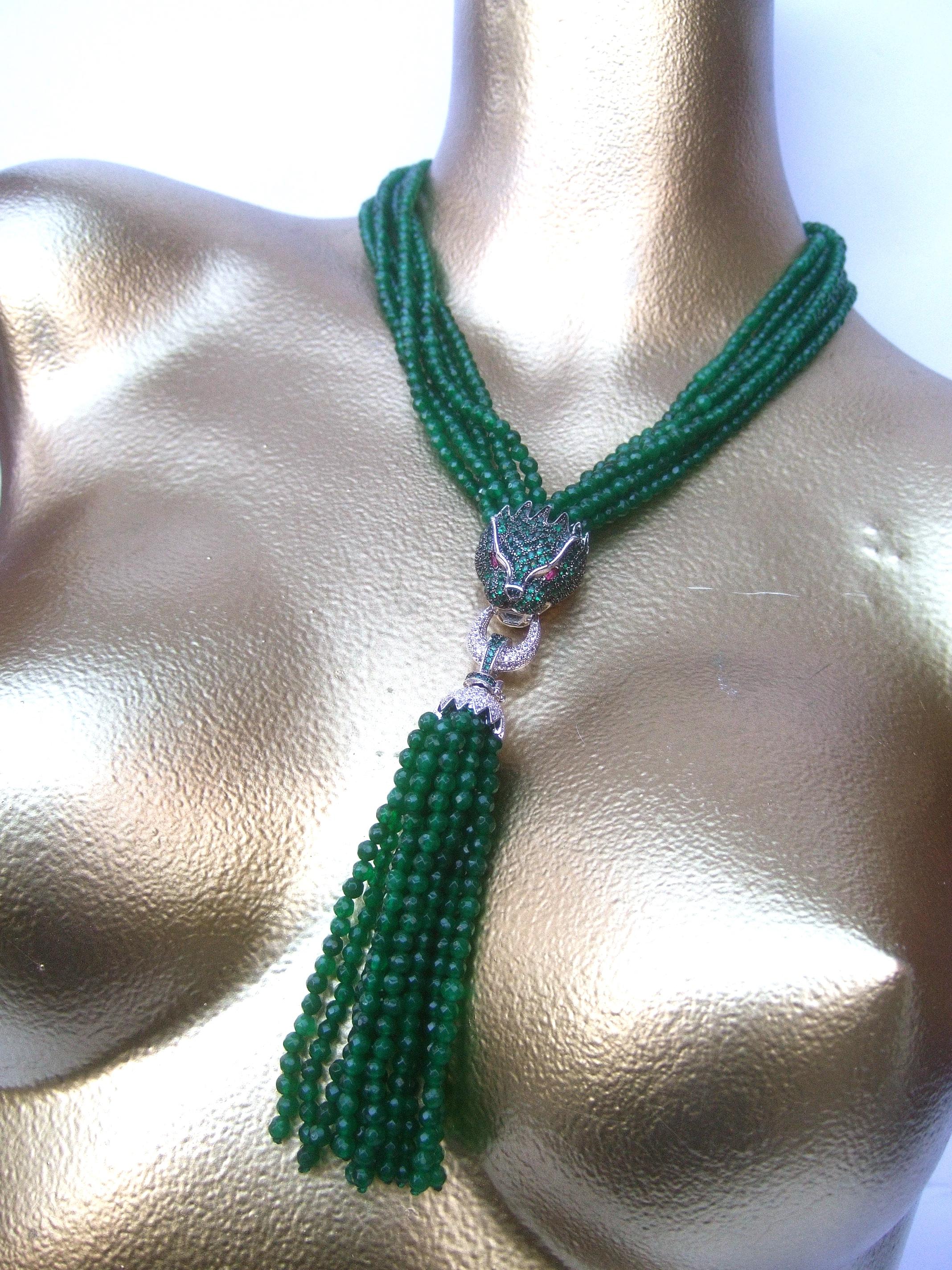 Green Crystal Panther Head Tassel Necklace c. 1990s For Sale 6