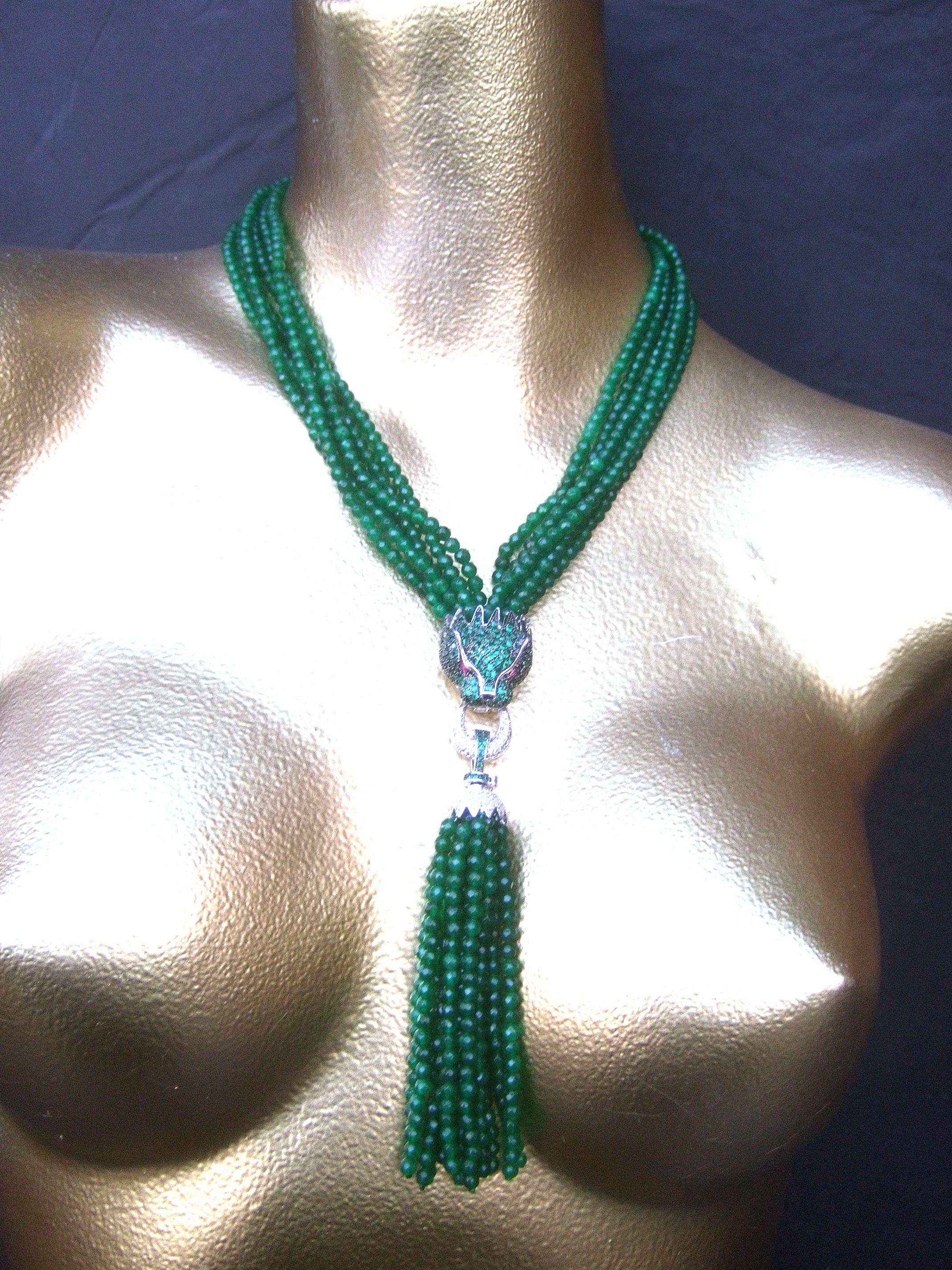 Art Deco Green Crystal Panther Head Tassel Necklace c. 1990s For Sale