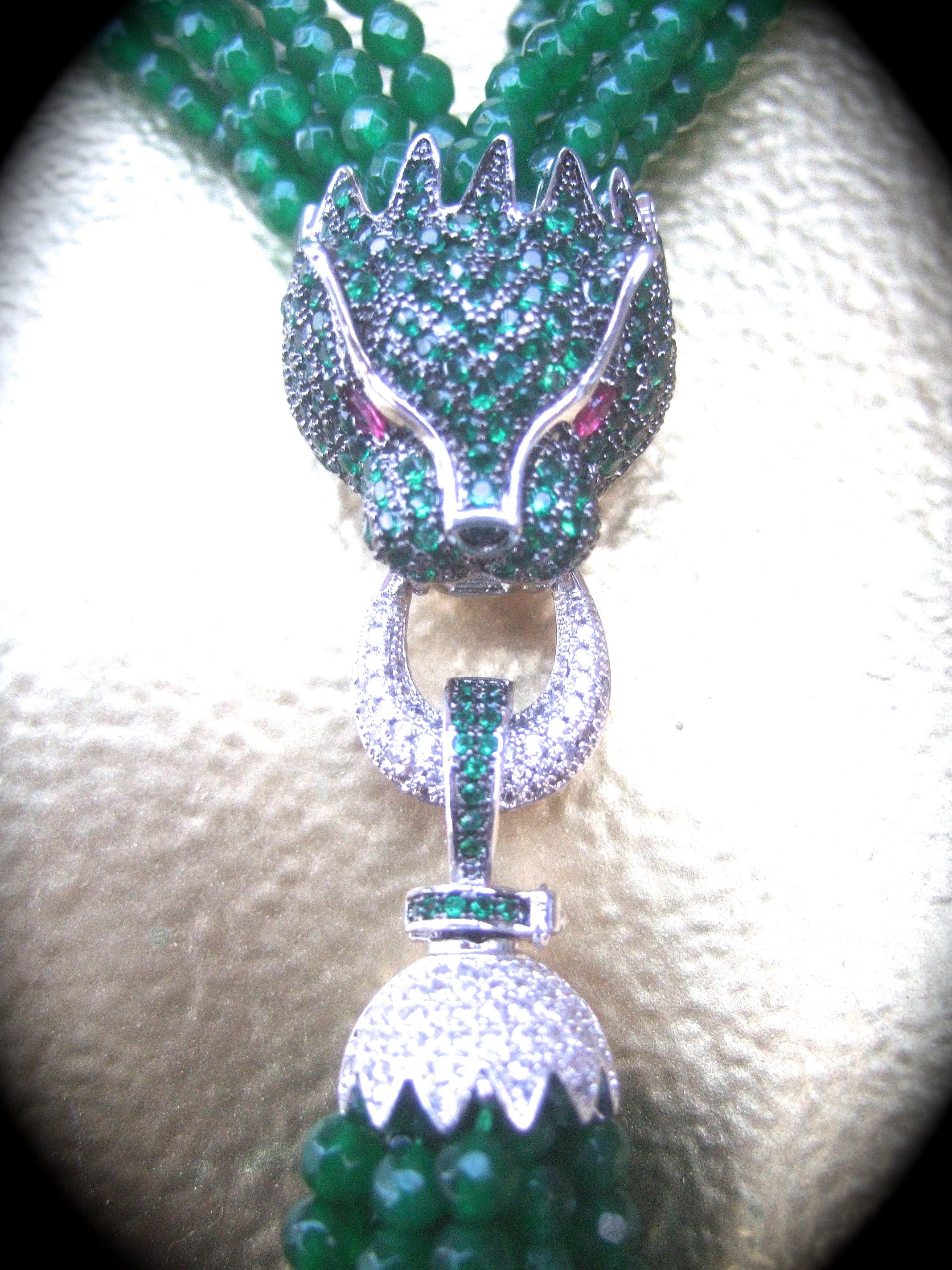 Green Crystal Panther Head Tassel Necklace c. 1990s In Good Condition For Sale In University City, MO