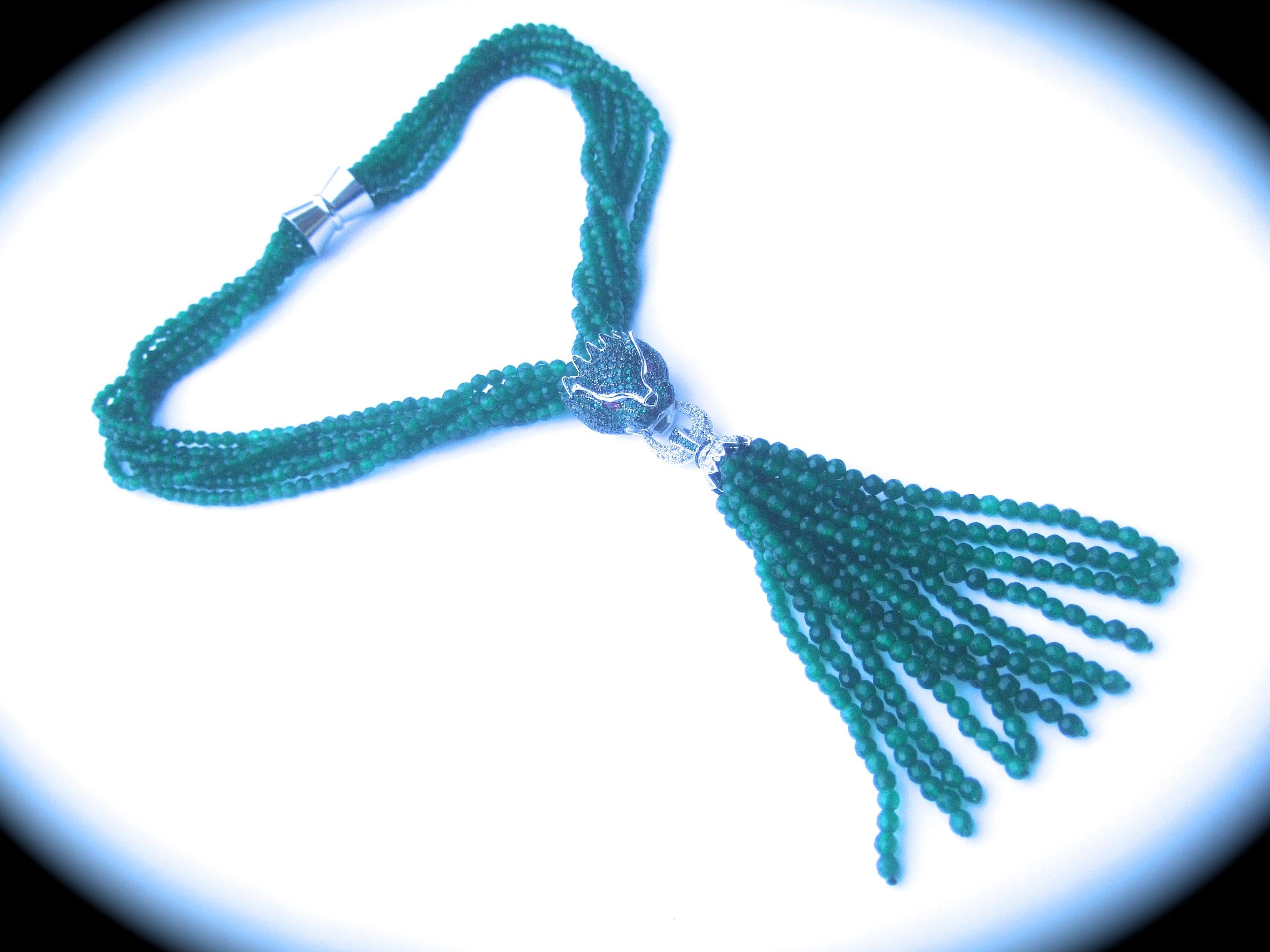 Women's Green Crystal Panther Head Tassel Necklace c. 1990s For Sale