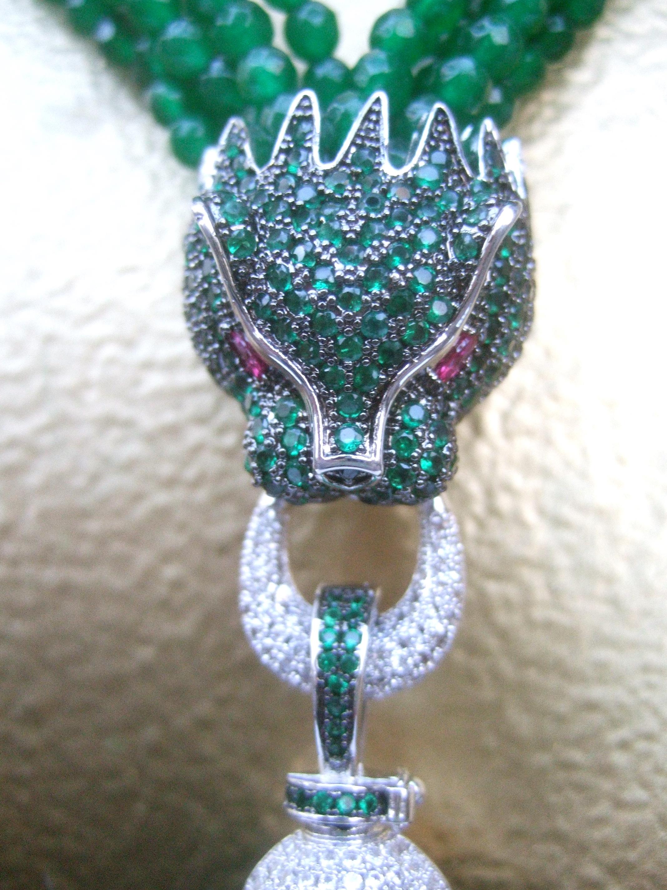 Green Crystal Panther Head Tassel Necklace c. 1990s For Sale 3