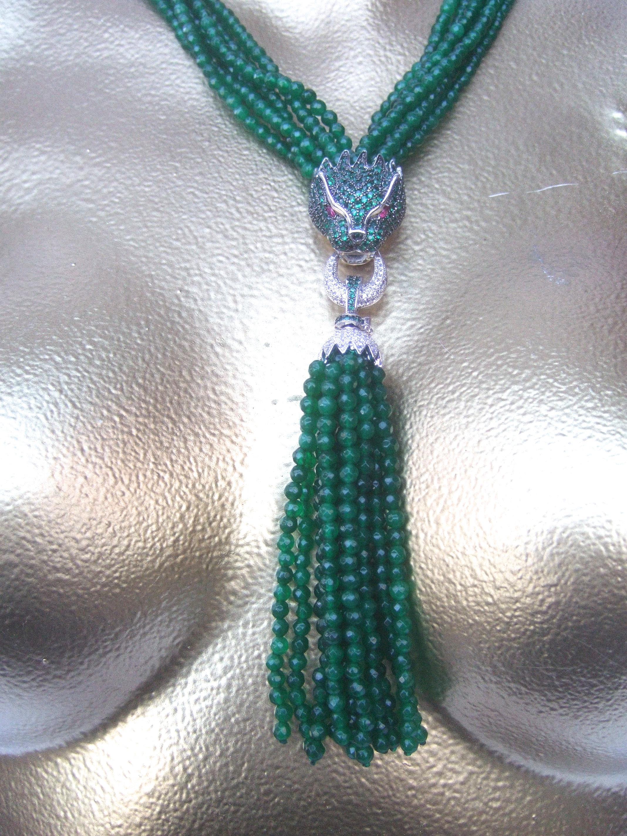 Green Crystal Panther Head Tassel Necklace c. 1990s For Sale 4