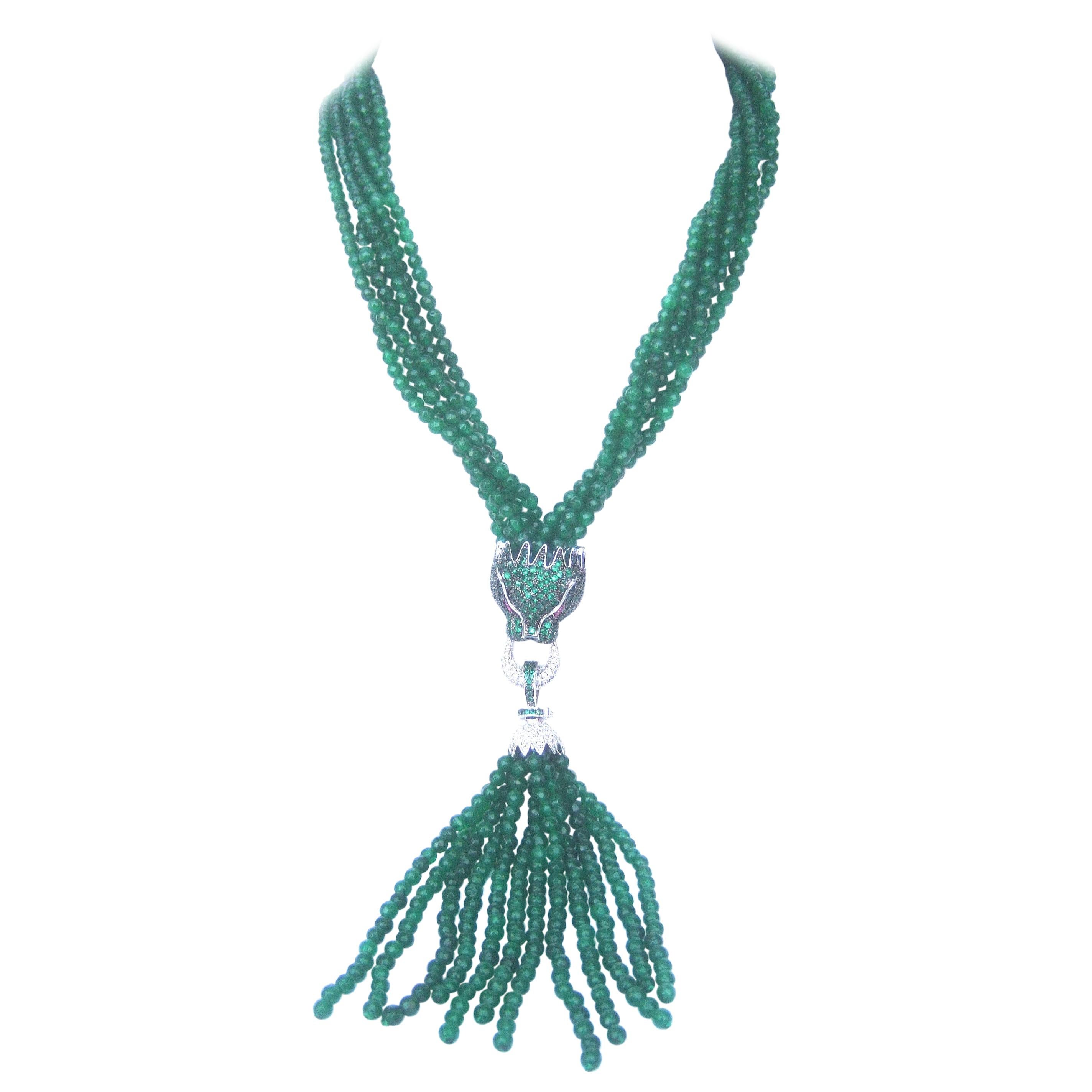 Green Crystal Panther Head Tassel Necklace c. 1990s For Sale