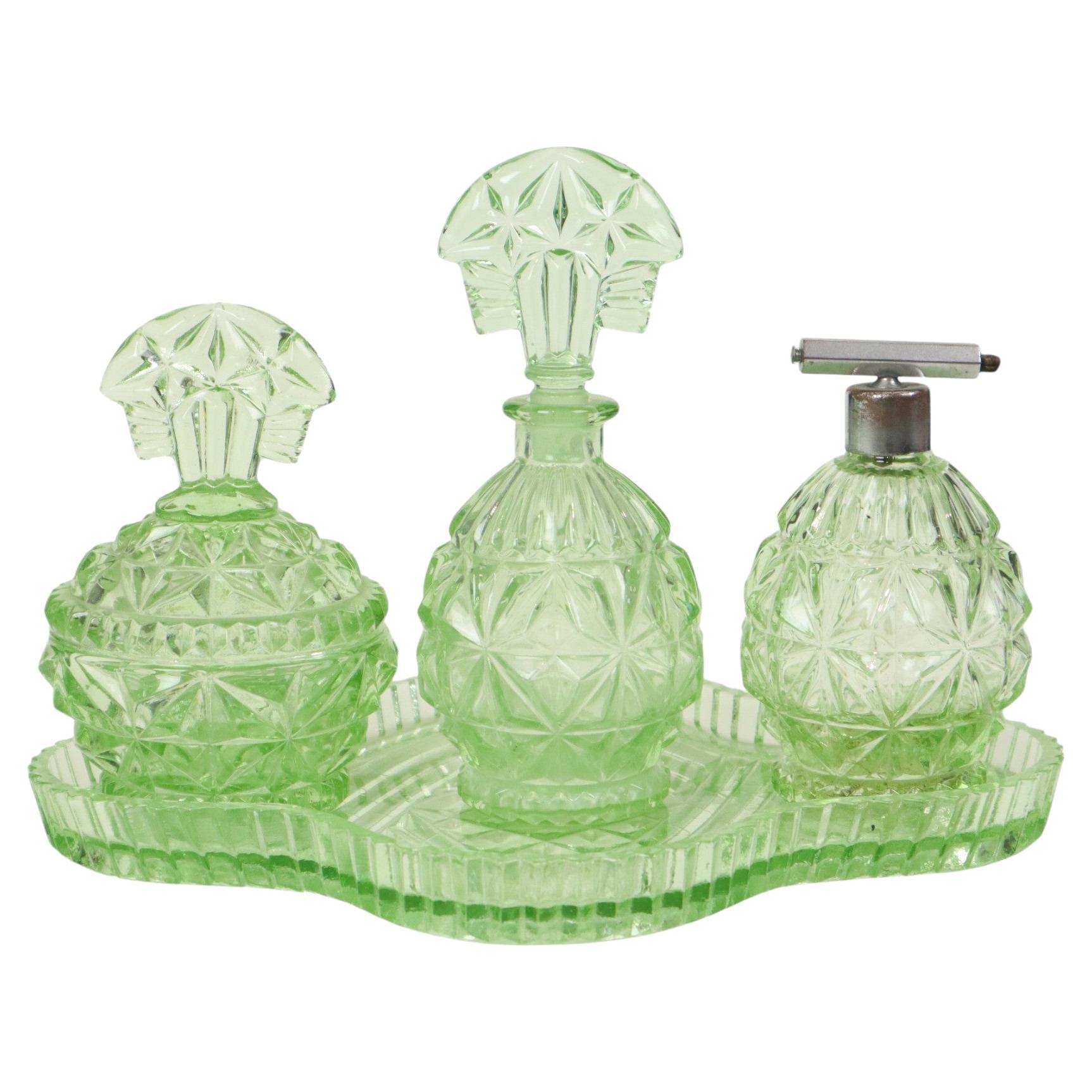 Green Crystal Toiletry Set Boudoir Set Art Deco Style Perfume