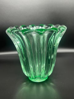 Green Crystal Vase by Pierre D'Avesn, Sculptural Design, 1950s France