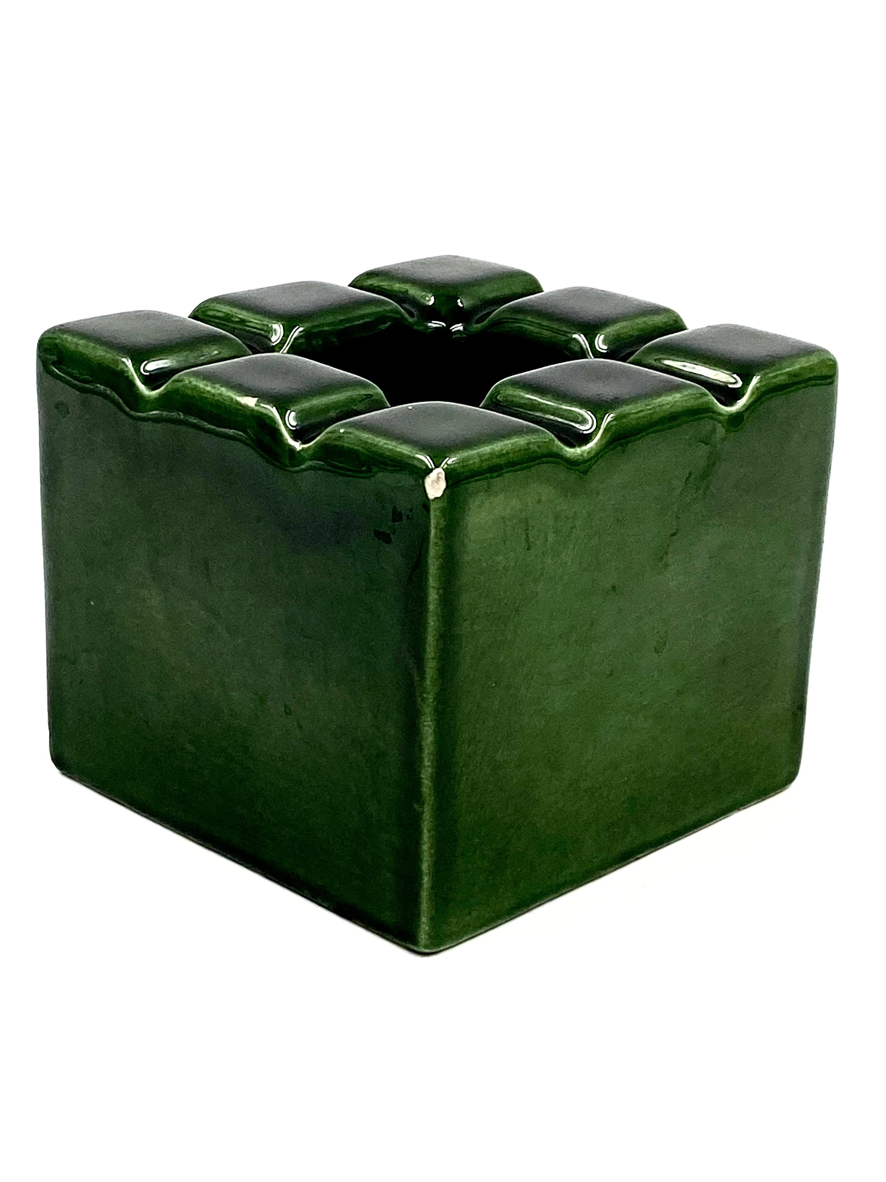 Green Cubic Glazed Ceramic Ashtray, Sicart, Italy, 1970s 5