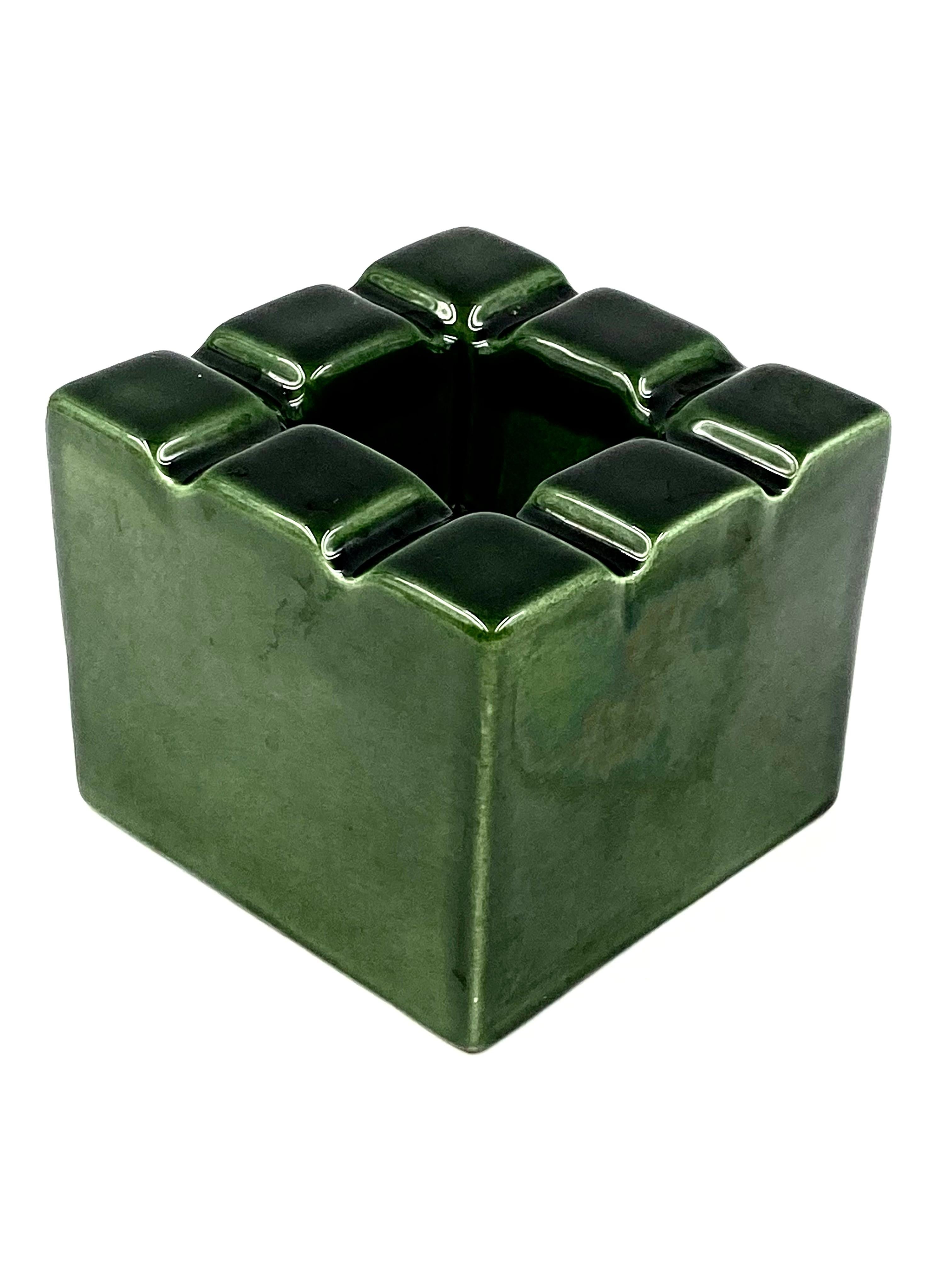 Green Cubic Glazed Ceramic Ashtray, Sicart, Italy, 1970s 6