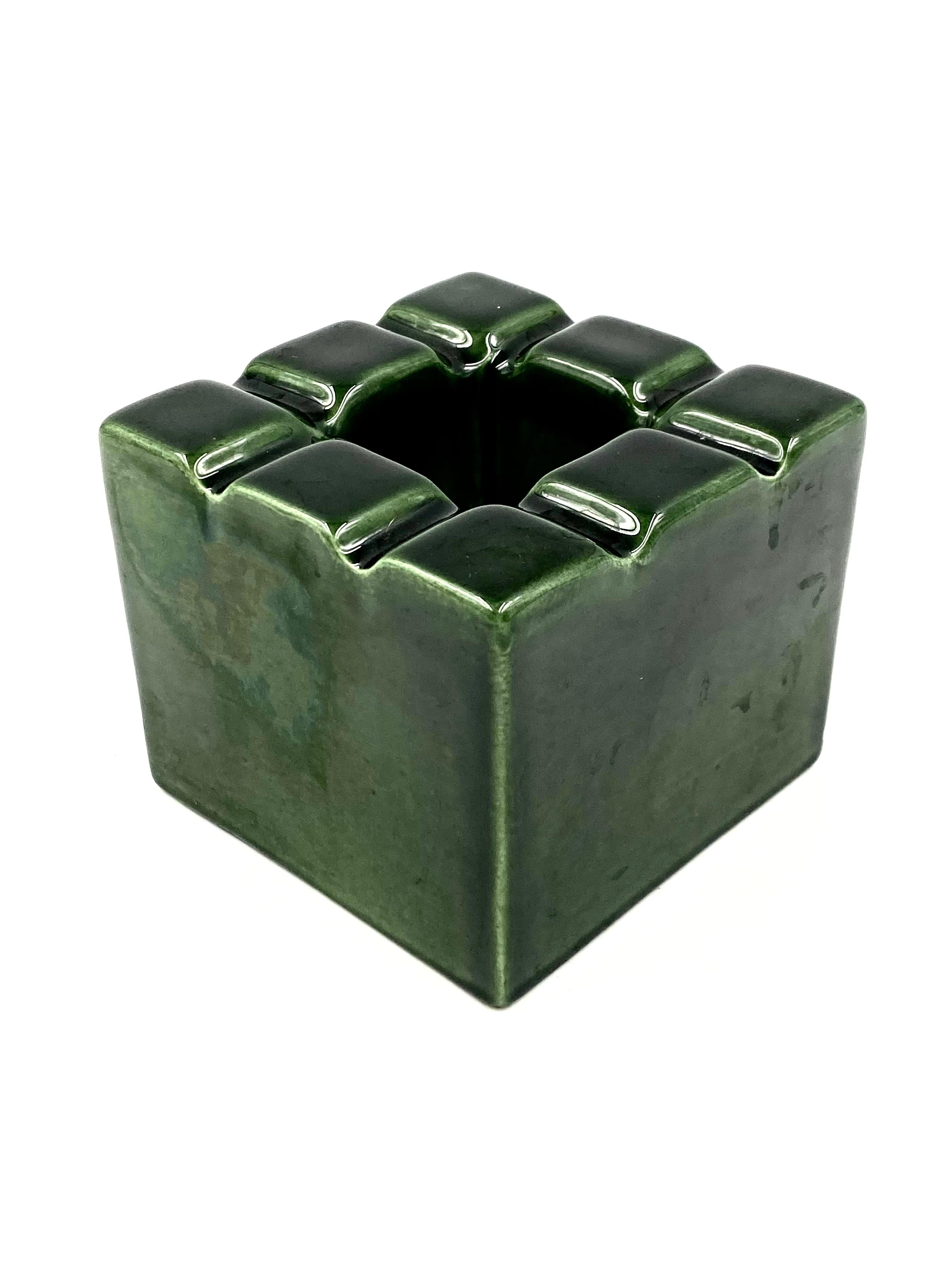 Space Age Green Cubic Glazed Ceramic Ashtray, Sicart, Italy, 1970s