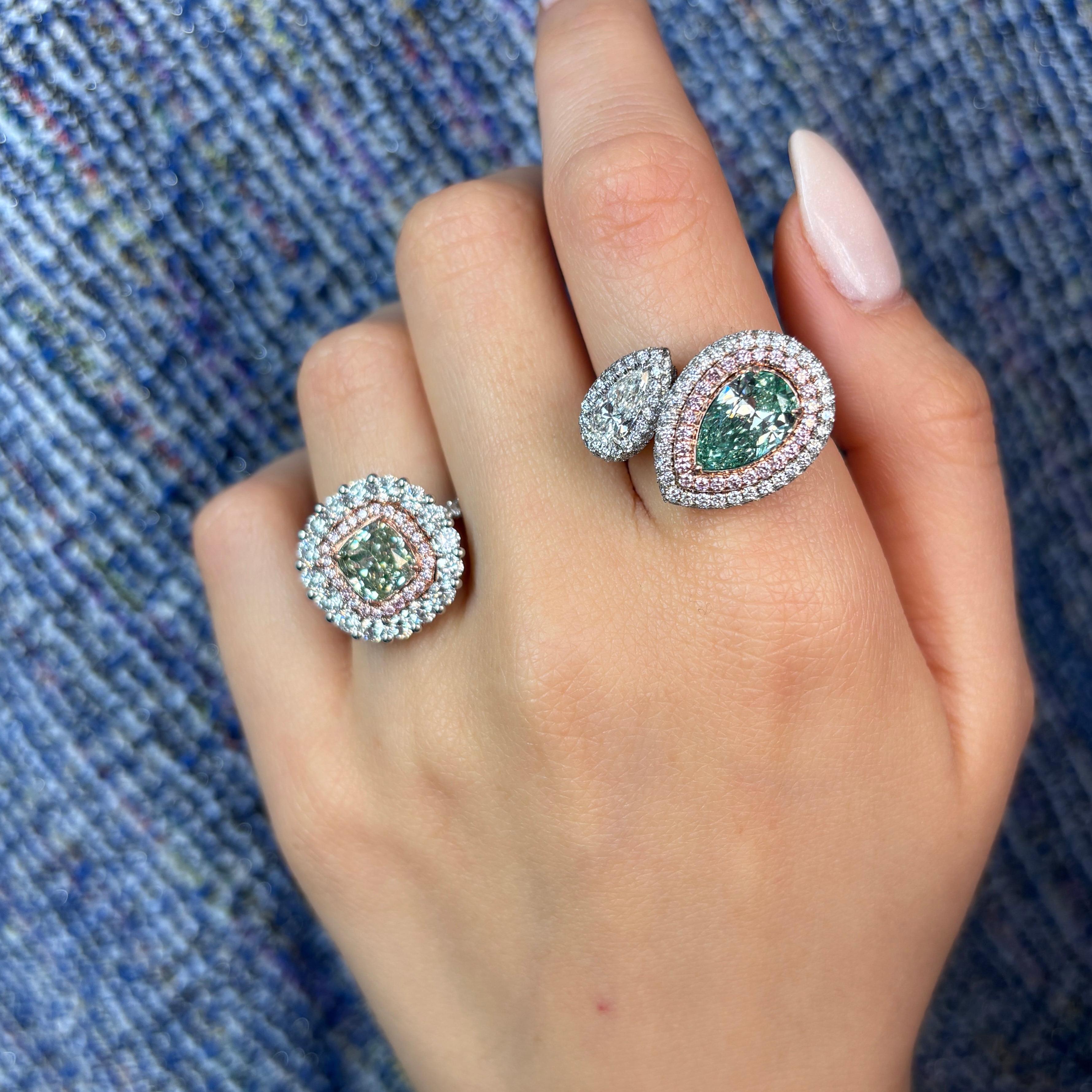Green Cushion Diamond Halo Cocktail Ring For Sale 5