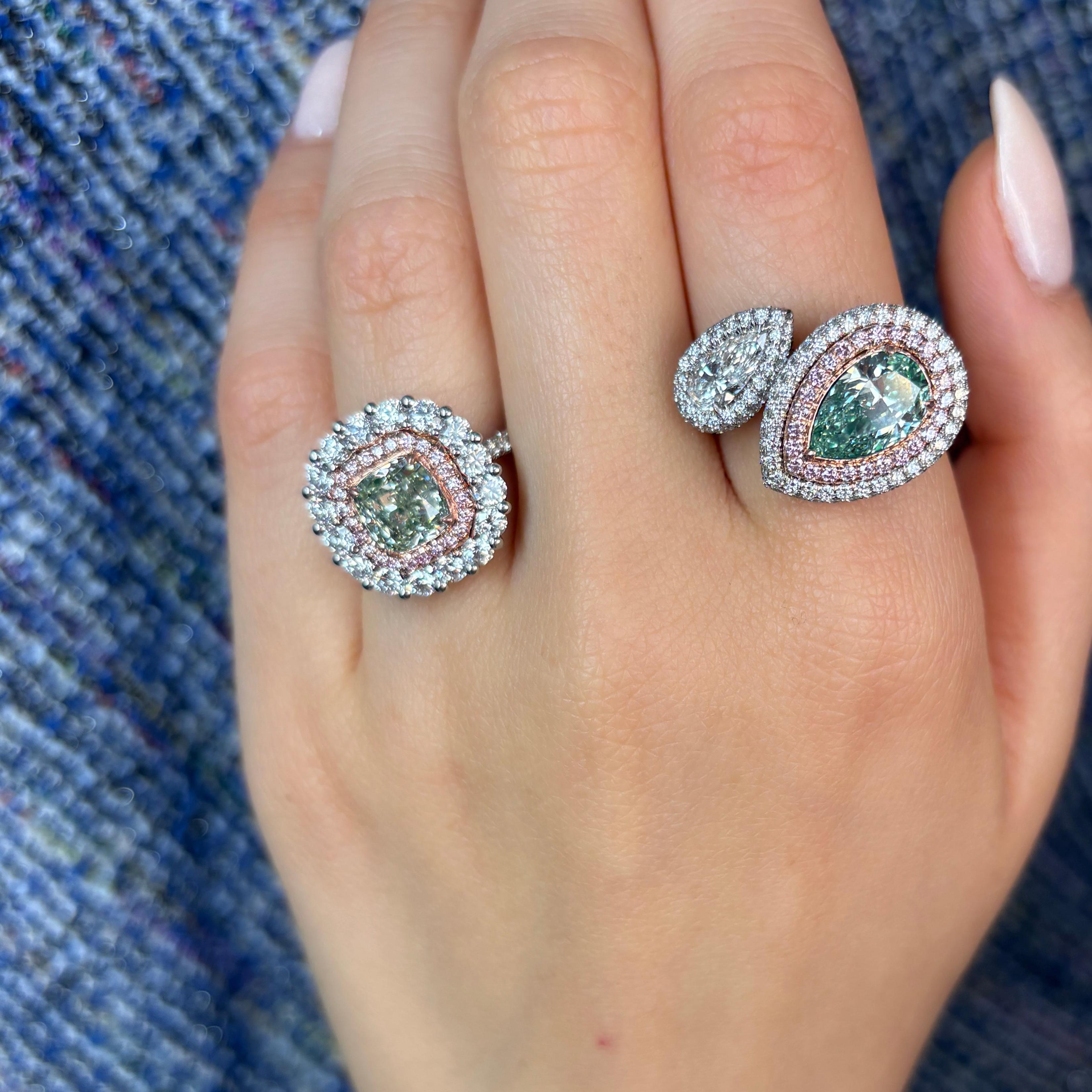 Cushion Cut Green Cushion Diamond Halo Cocktail Ring For Sale