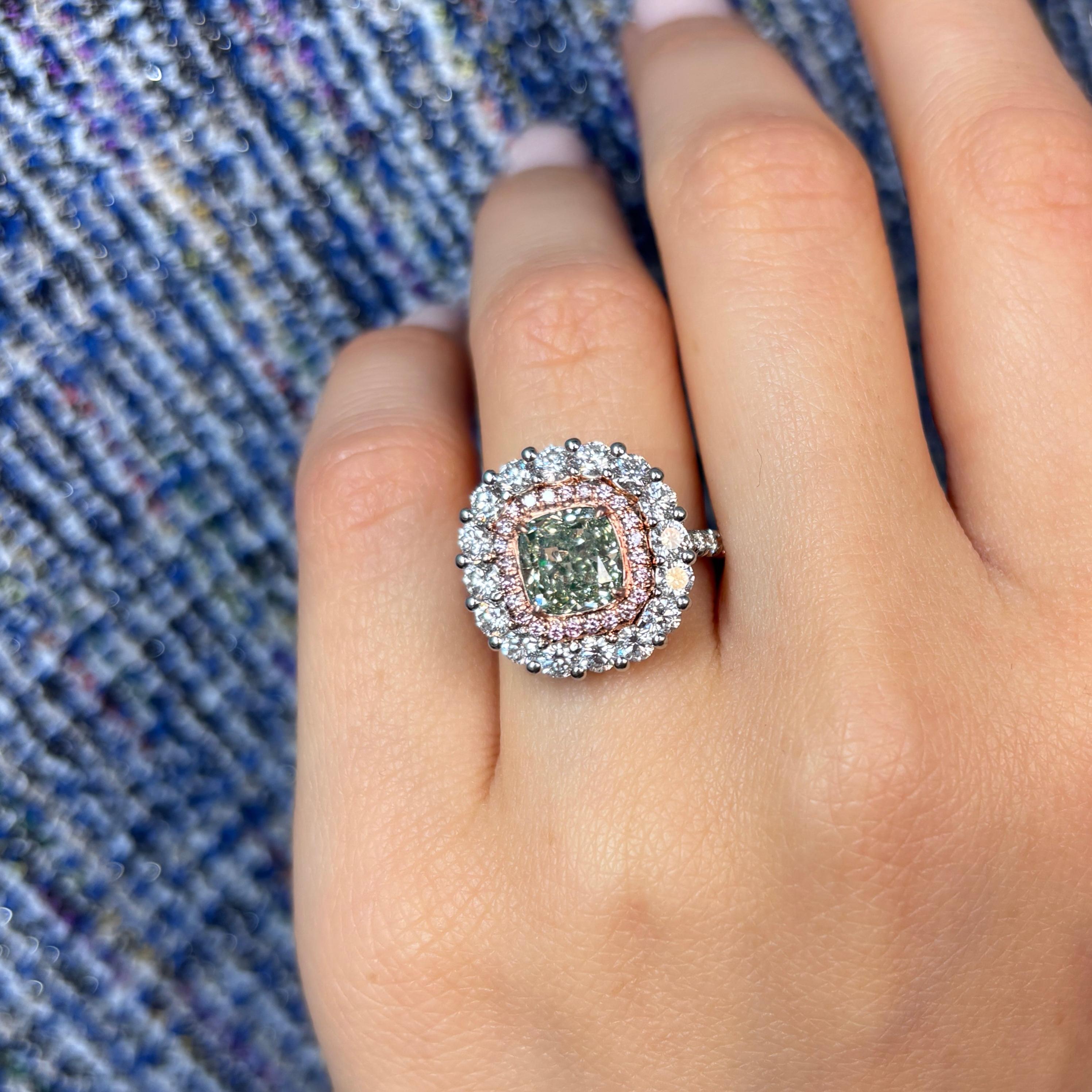 Women's Green Cushion Diamond Halo Cocktail Ring For Sale