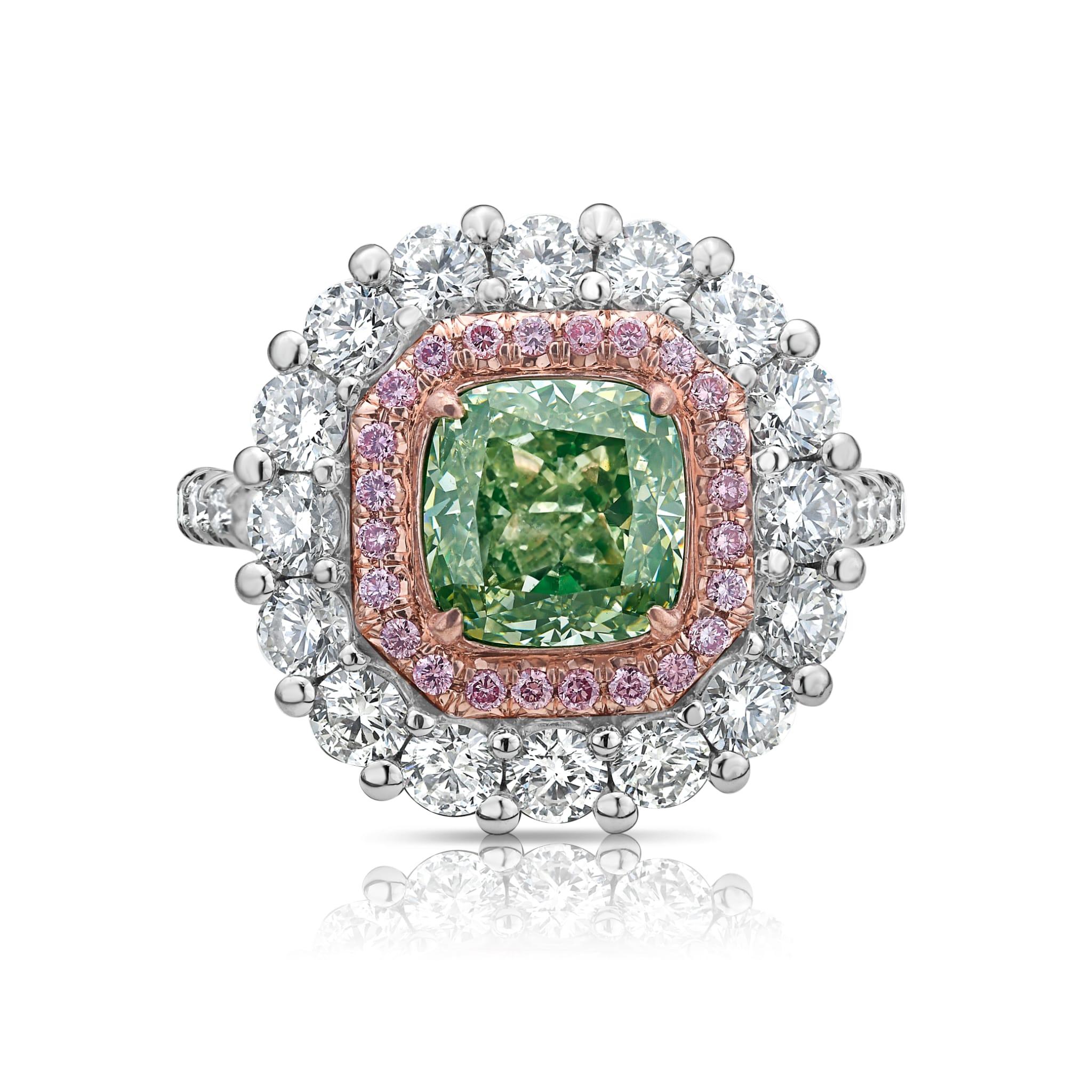 Green Cushion Diamond Halo Cocktail Ring For Sale 1
