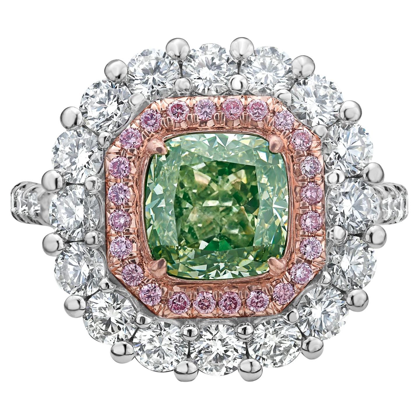 Green Cushion Diamond Halo Cocktail Ring For Sale